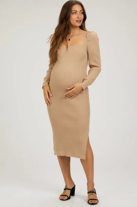 Taupe Ribbed Knit Long Sleeve Maternity Midi Dress sold by Pinkblush