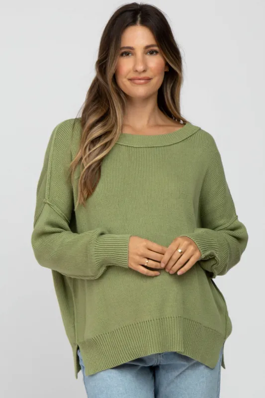 Light Olive Exposed Seam Side Slit Maternity Sweater sold by Pinkblush
