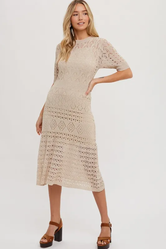 Natural Open Knit Crochet Midi Dress sold by Pinkblush
