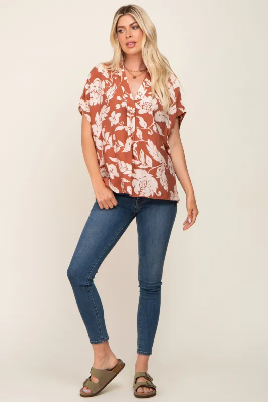 Camel Floral V-Neck Blouse sold by Pinkblush