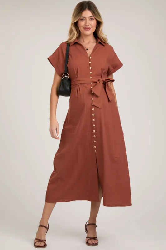 Rust Collared Front Button Maternity Midi Dress sold by Pinkblush