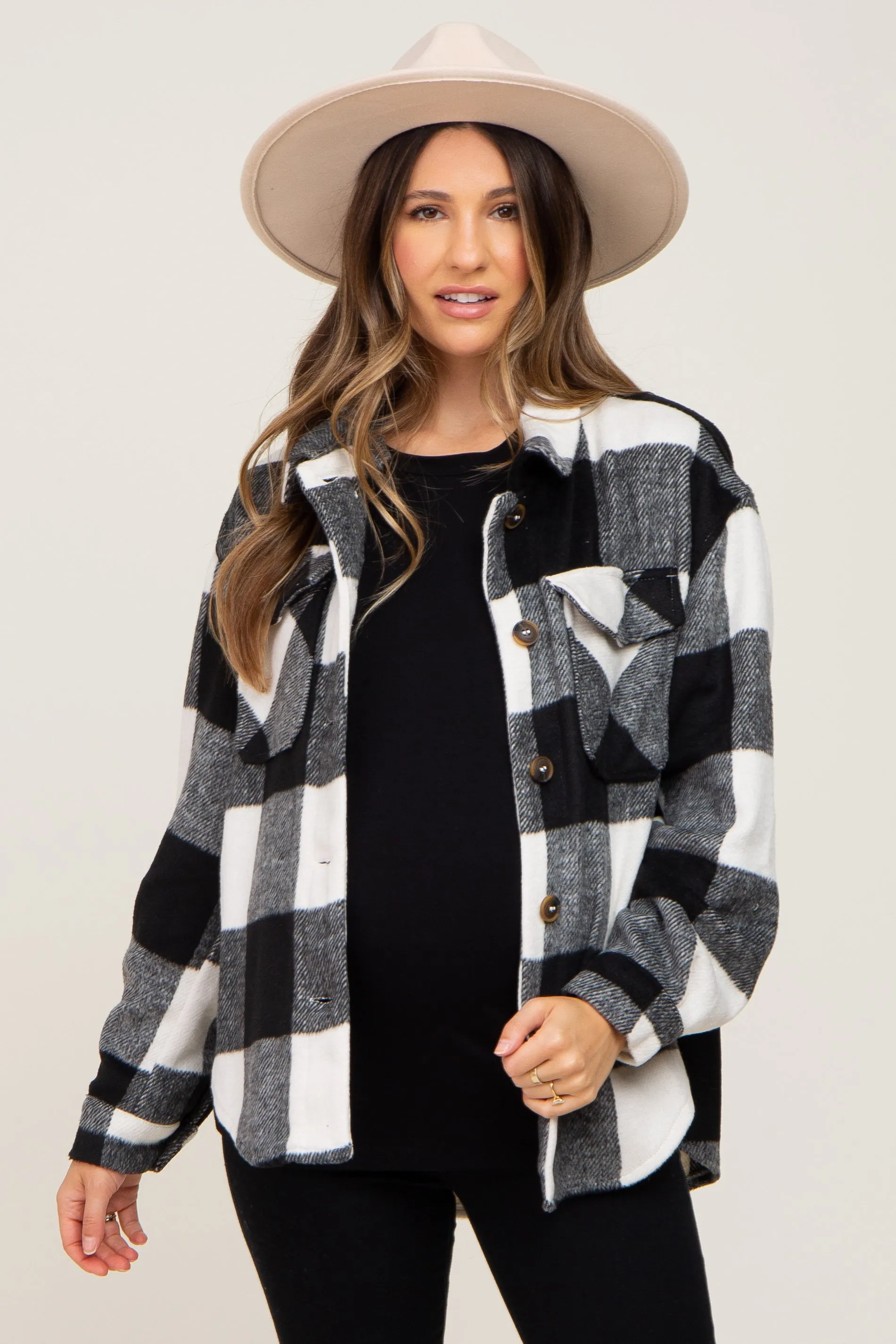 Black Plaid Knit Maternity Shirt Jacket sold by Pinkblush