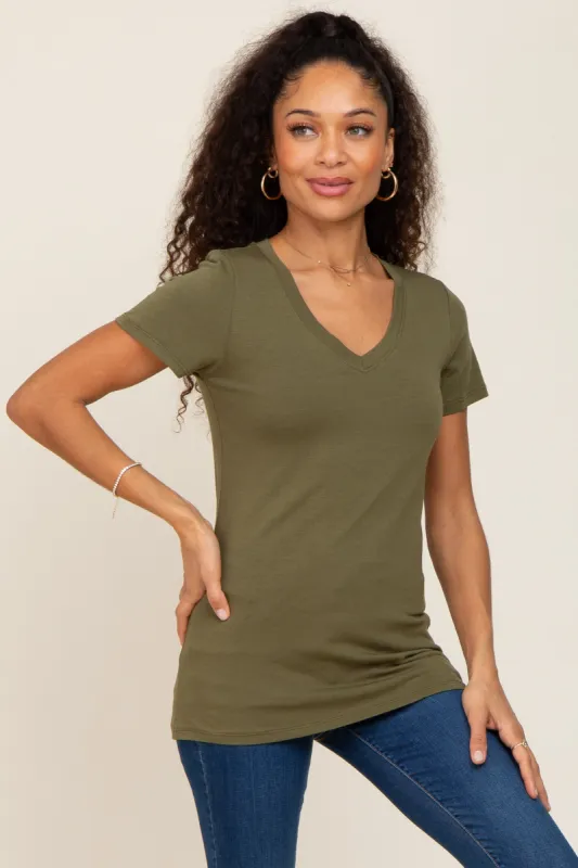 Olive Basic V-Neck Tee sold by Pinkblush
