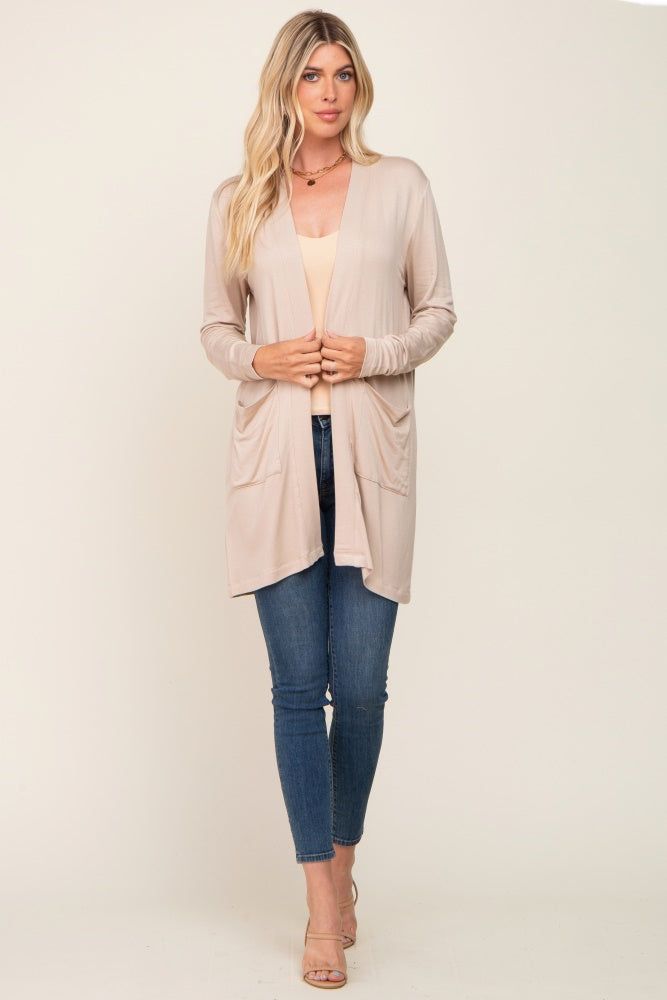 Beige Open Front Side Pocket Cardigan sold by Pinkblush product image thumbnail 4