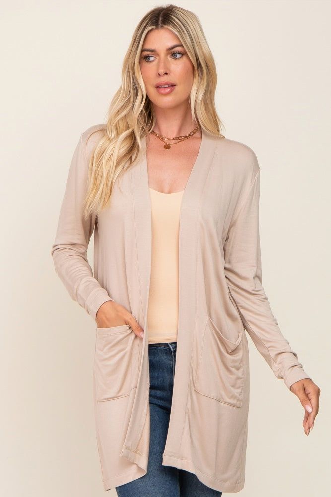 Beige Open Front Side Pocket Cardigan sold by Pinkblush