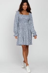 Blue Floral Smocked Long Sleeve Maternity Dress sold by Pinkblush
