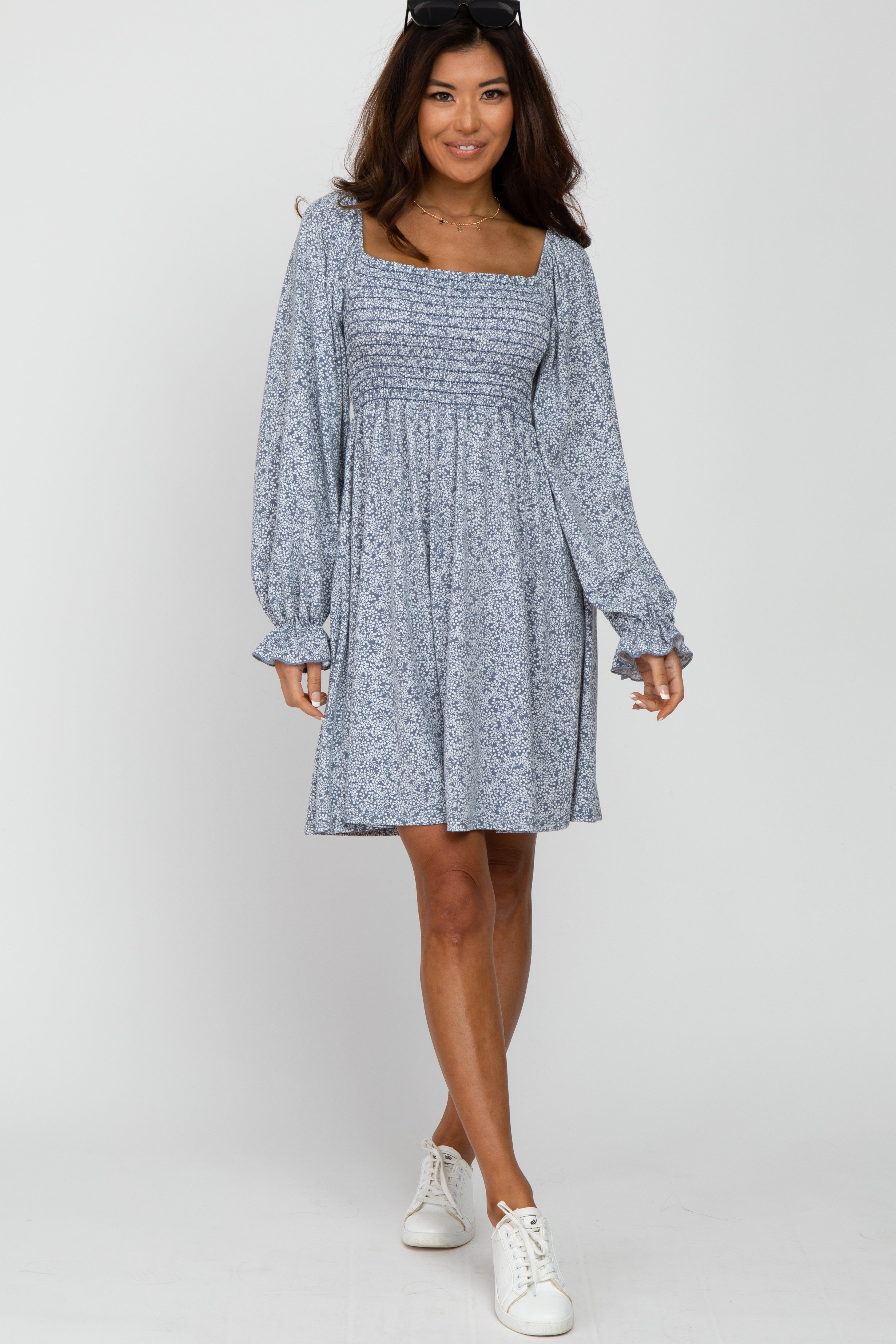 Blue Floral Smocked Long Sleeve Maternity Dress sold by Pinkblush product image thumbnail 5