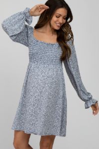 Blue Floral Smocked Long Sleeve Maternity Dress sold by Pinkblush