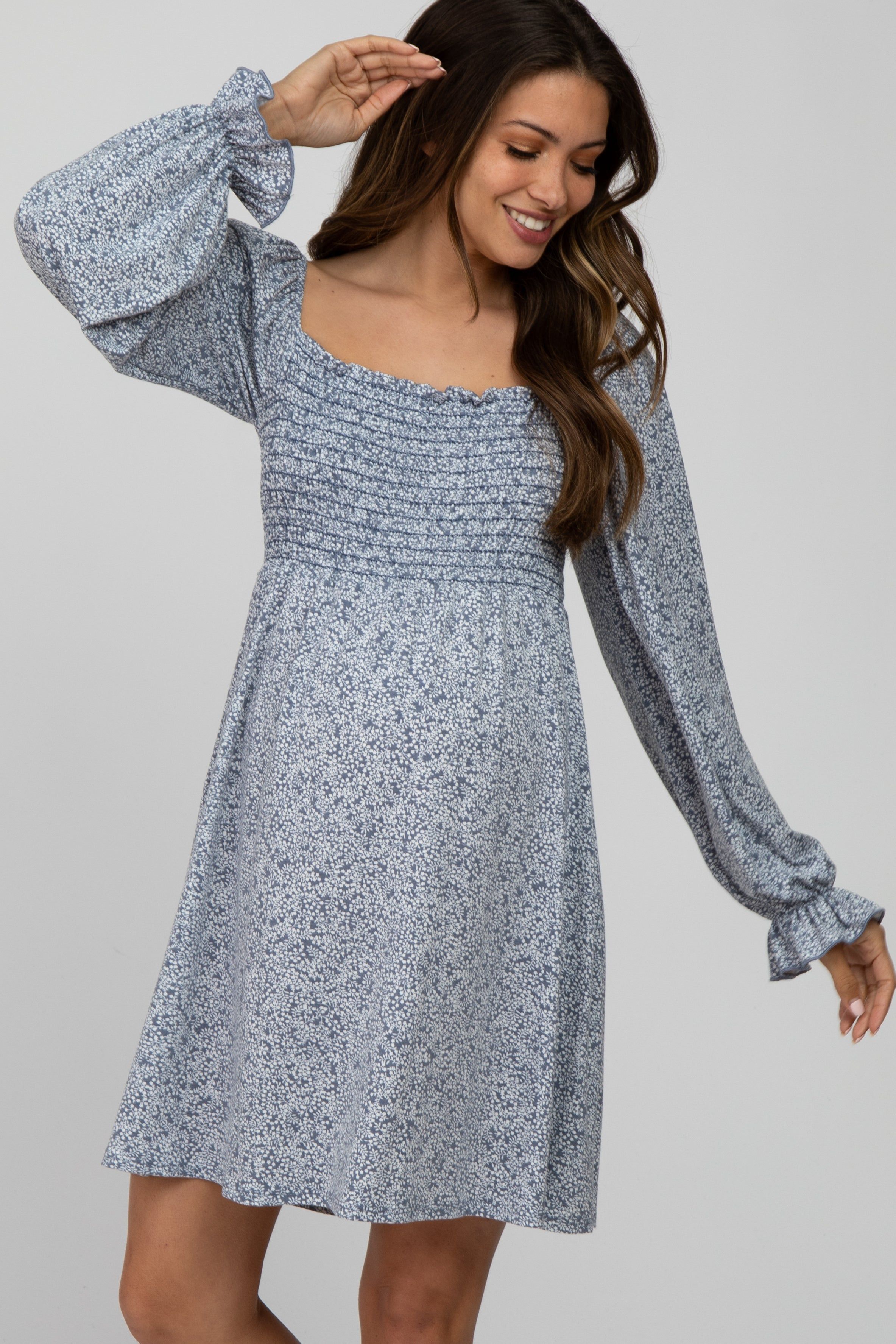 Blue Floral Smocked Long Sleeve Maternity Dress sold by Pinkblush product image thumbnail 2
