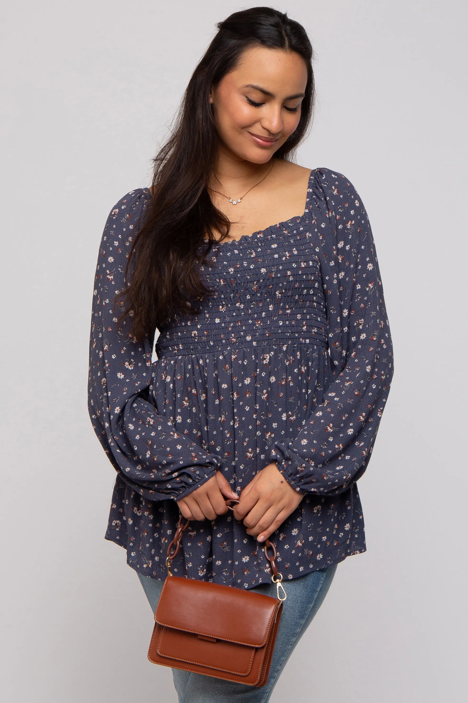 Navy Floral Smocked Long Sleeve Top sold by Pinkblush product image thumbnail 2