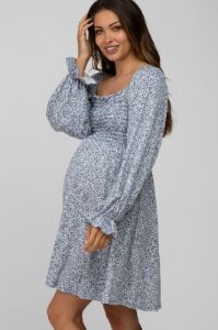 Blue Floral Smocked Long Sleeve Maternity Dress sold by Pinkblush