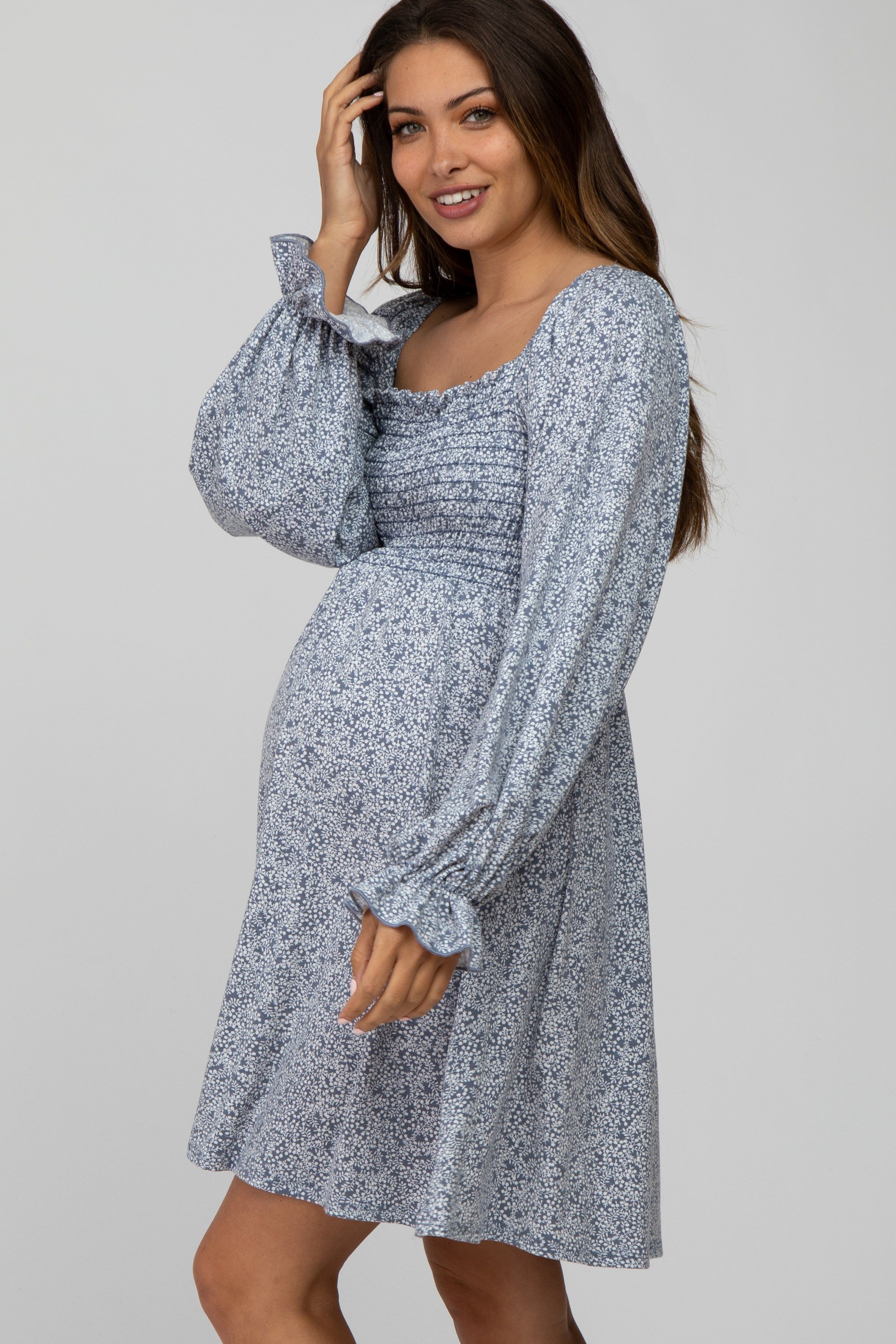 Blue Floral Smocked Long Sleeve Maternity Dress sold by Pinkblush product image thumbnail 3