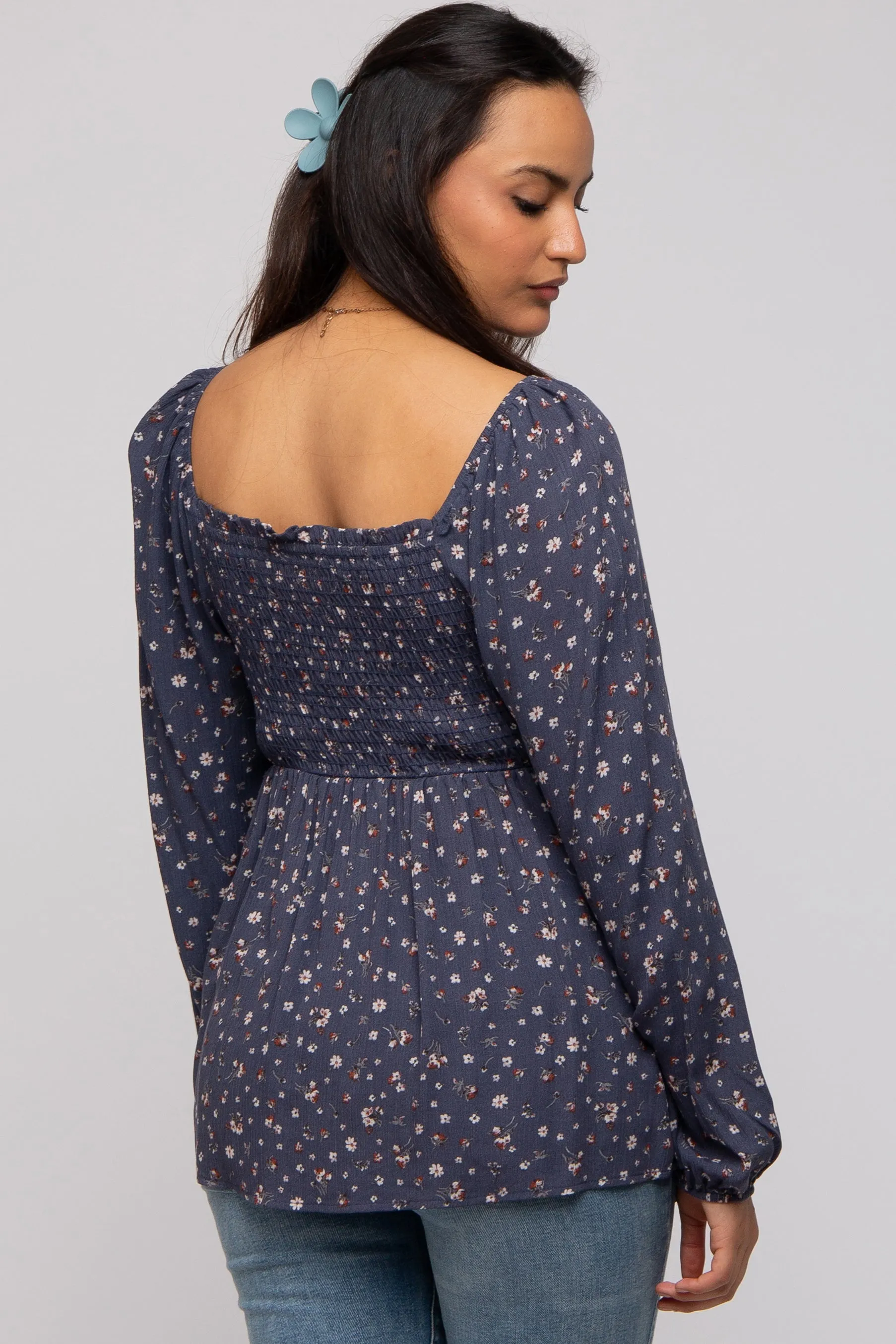 Navy Floral Smocked Long Sleeve Top sold by Pinkblush product image thumbnail 3