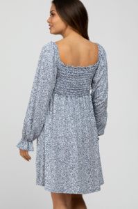 Blue Floral Smocked Long Sleeve Maternity Dress sold by Pinkblush