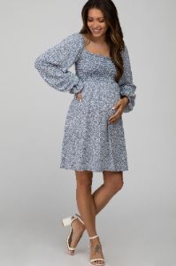 Blue Floral Smocked Long Sleeve Maternity Dress sold by Pinkblush