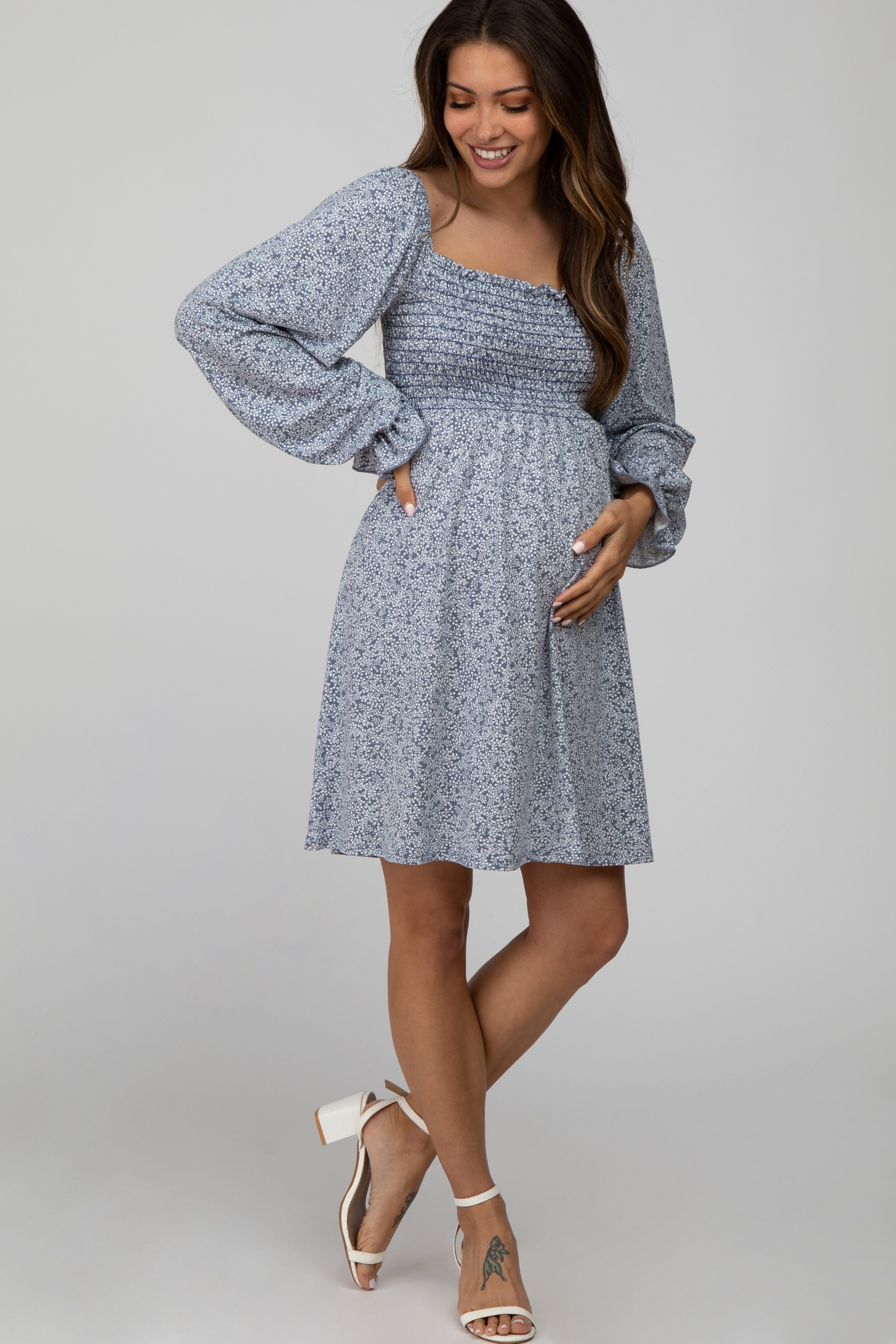 Blue Floral Smocked Long Sleeve Maternity Dress sold by Pinkblush