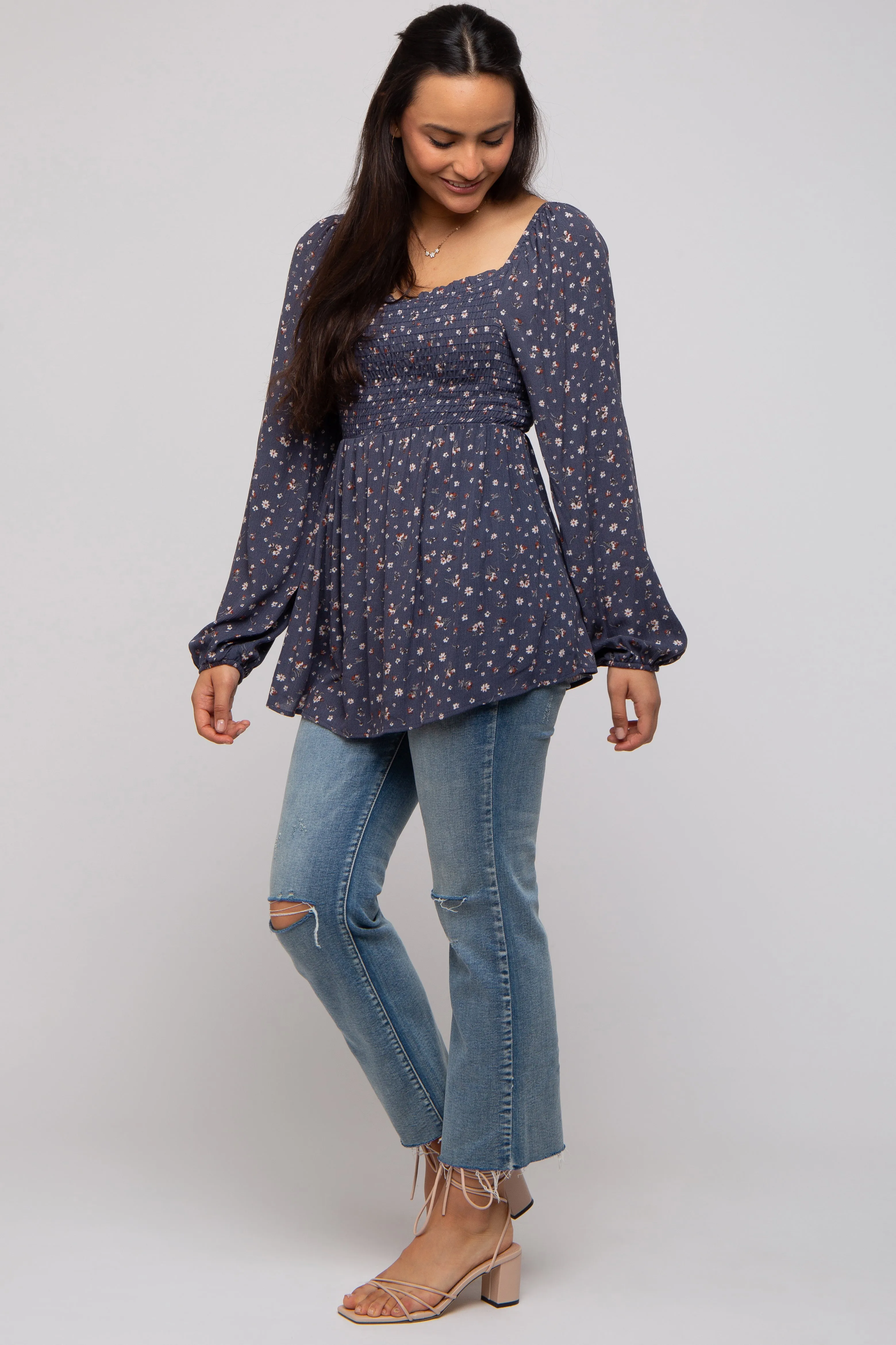 Navy Floral Smocked Long Sleeve Top sold by Pinkblush product image thumbnail 4
