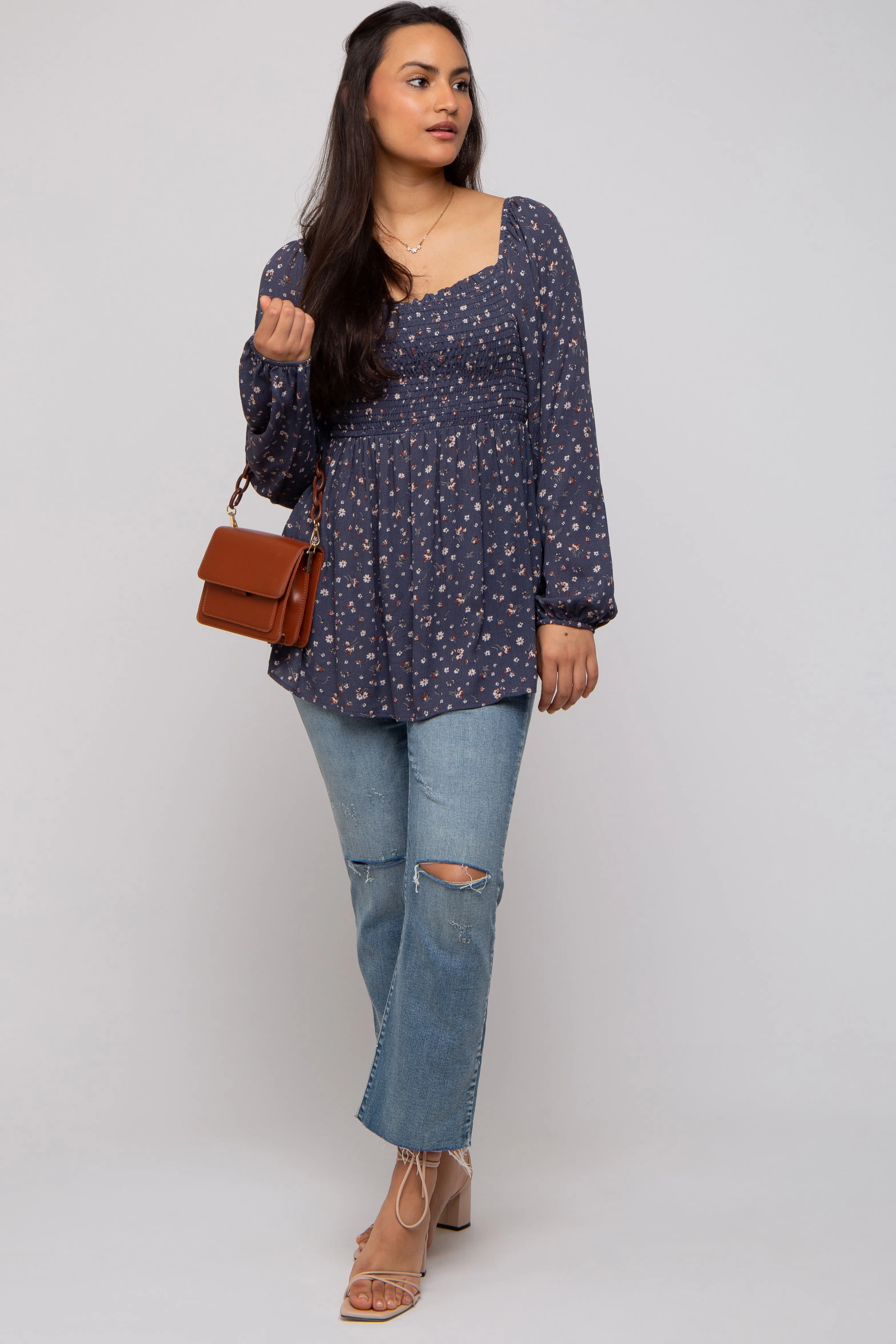 Navy Floral Smocked Long Sleeve Top sold by Pinkblush