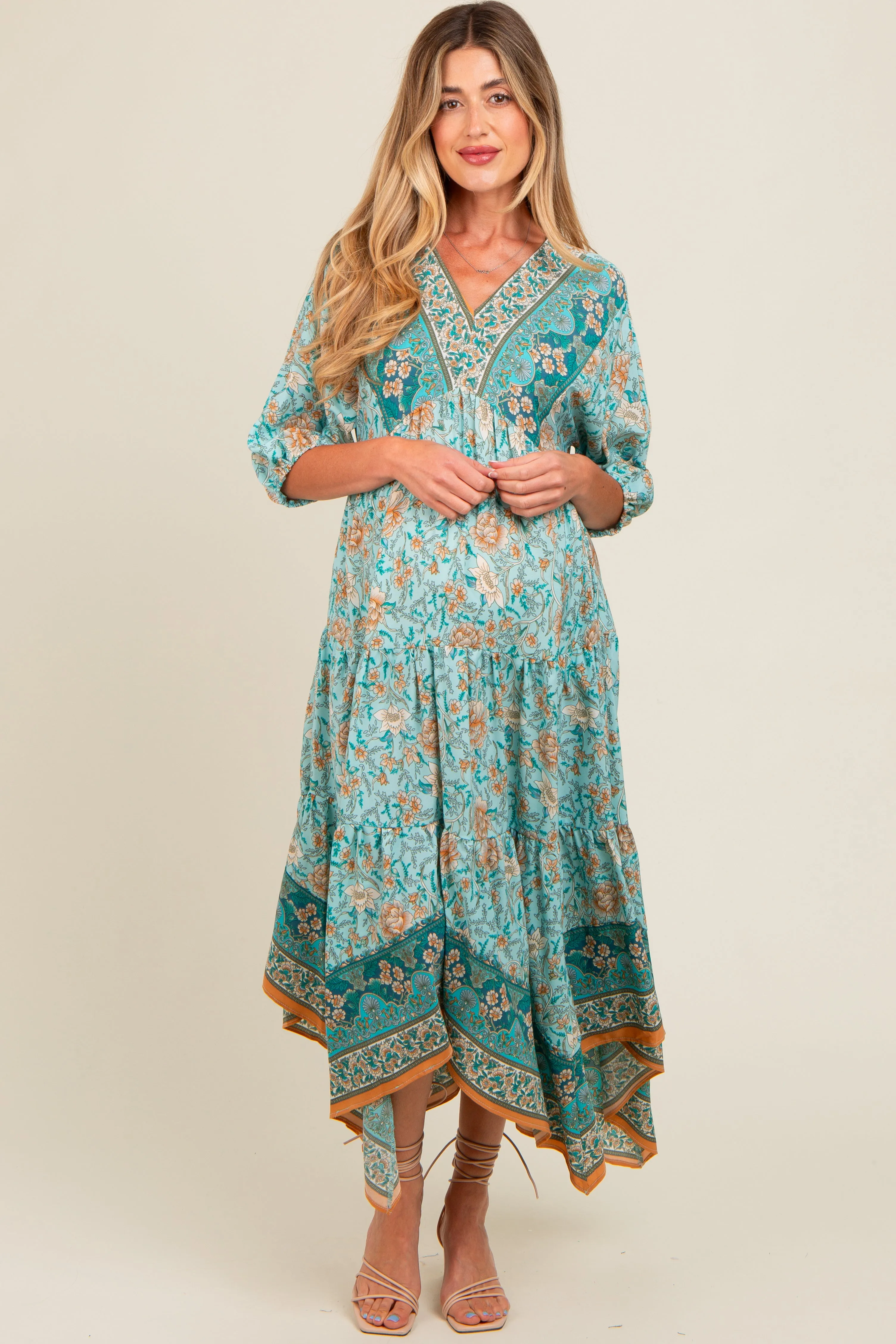 Aqua Floral Border Print V-Neck Tiered Maternity Midi Dress sold by Pinkblush product image thumbnail 2
