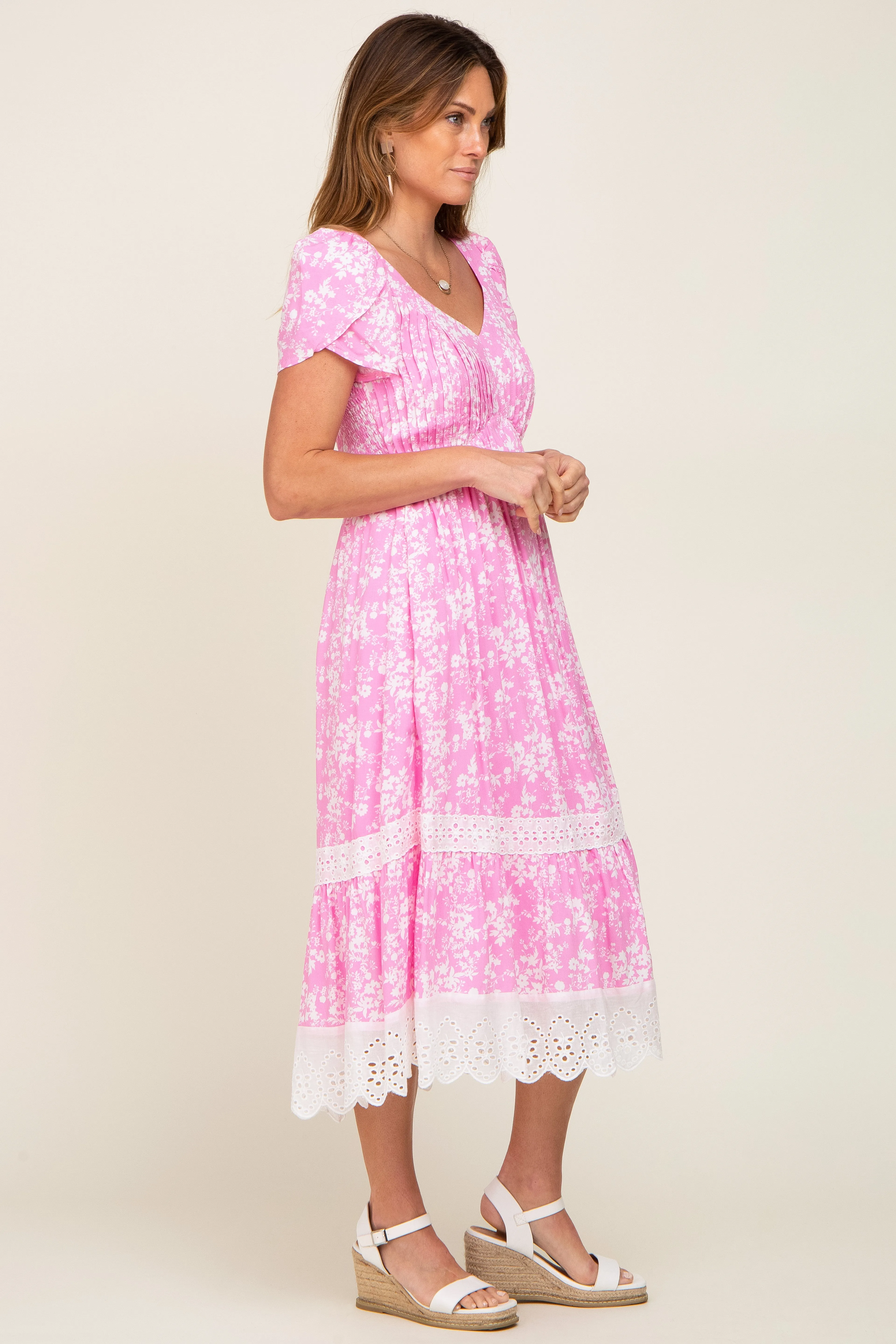 Pink Floral Pleated Eyelet Trim Midi Dress sold by Pinkblush product image thumbnail 2