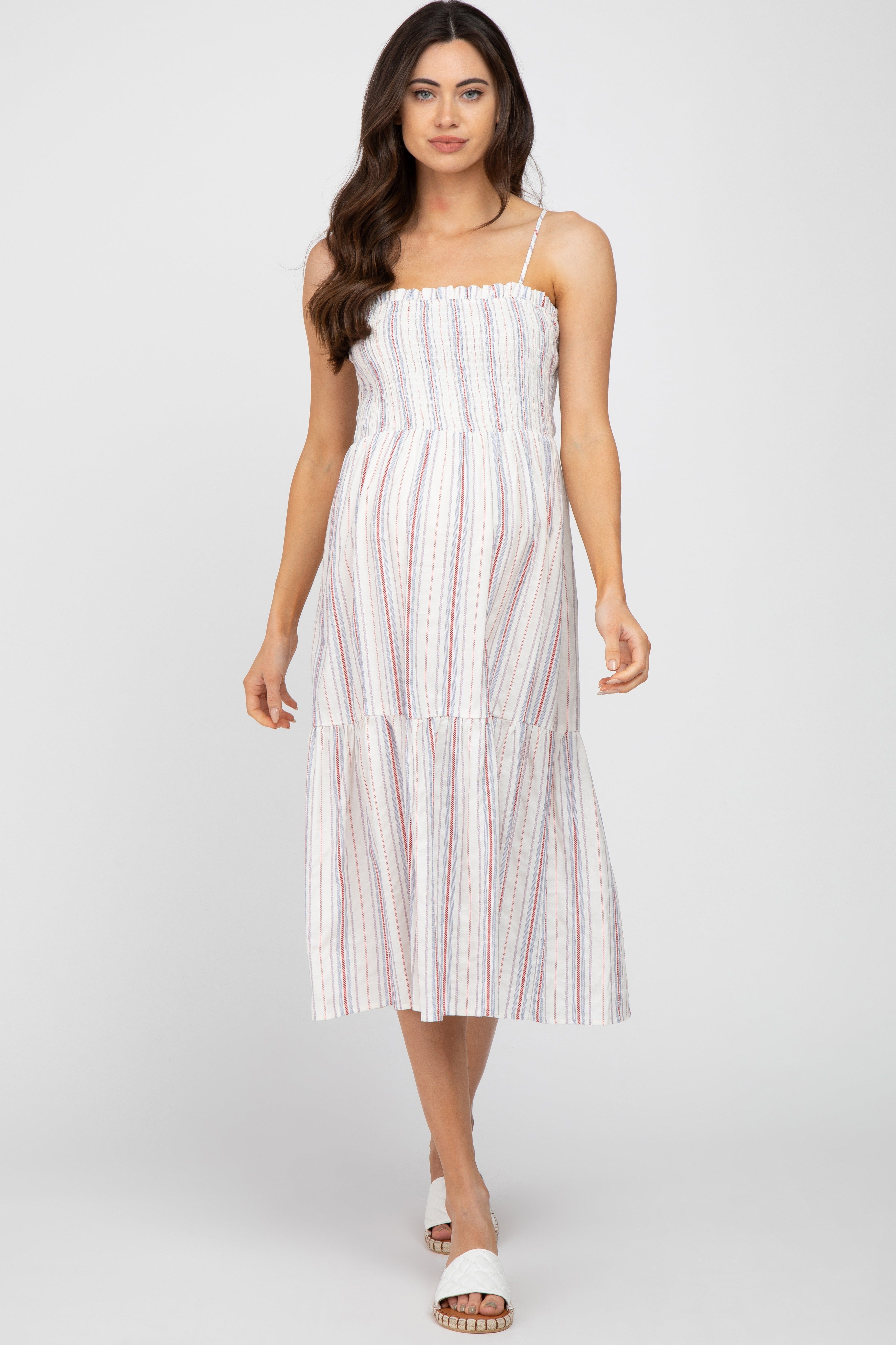 Red Striped Smocked Square Neck Maternity Midi Dress sold by Pinkblush