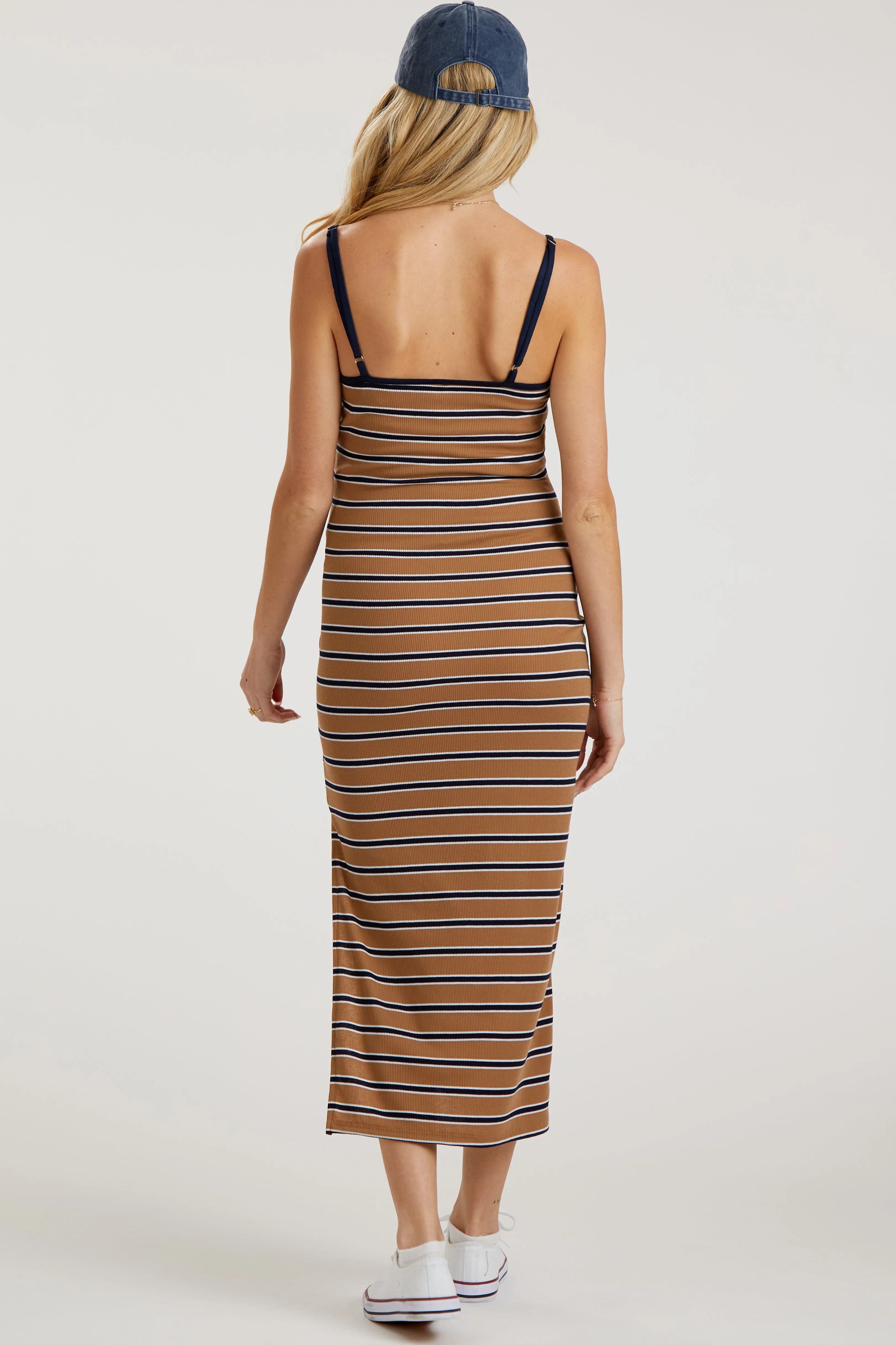 Mocha Striped Ribbed Side Slit Maternity Midi Dress sold by Pinkblush product image thumbnail 3