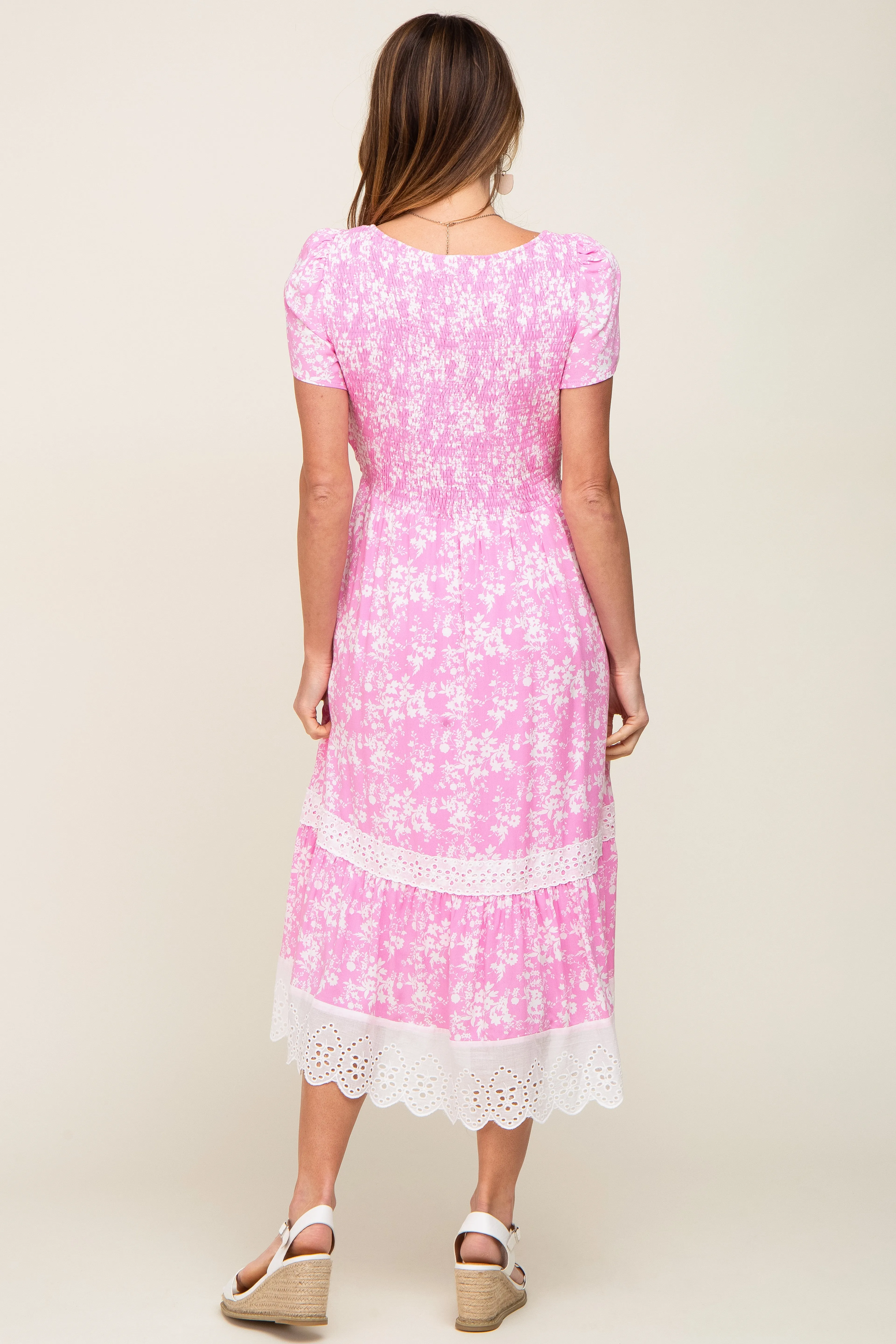Pink Floral Pleated Eyelet Trim Midi Dress sold by Pinkblush product image thumbnail 3