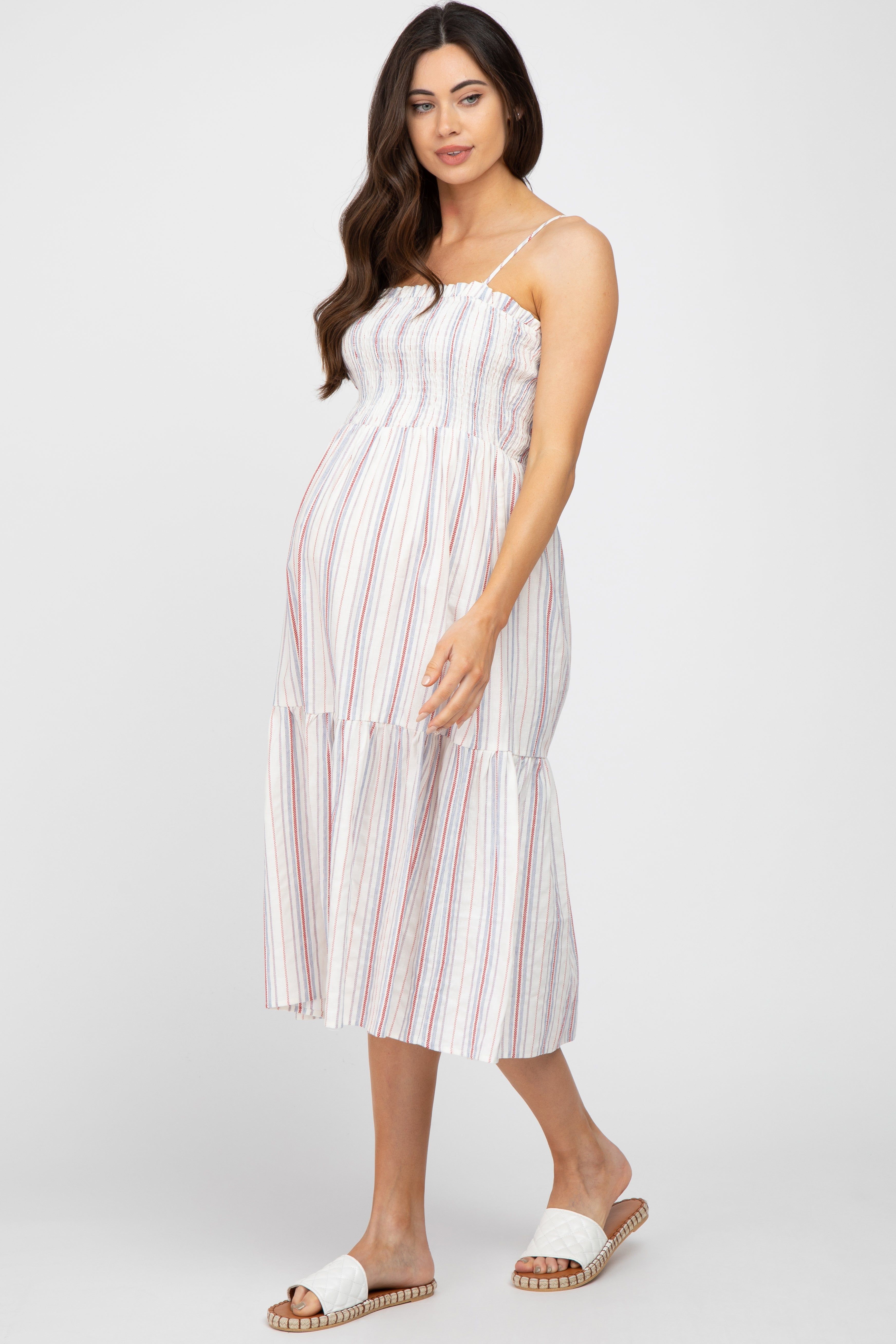 Red Striped Smocked Square Neck Maternity Midi Dress sold by Pinkblush product image thumbnail 2