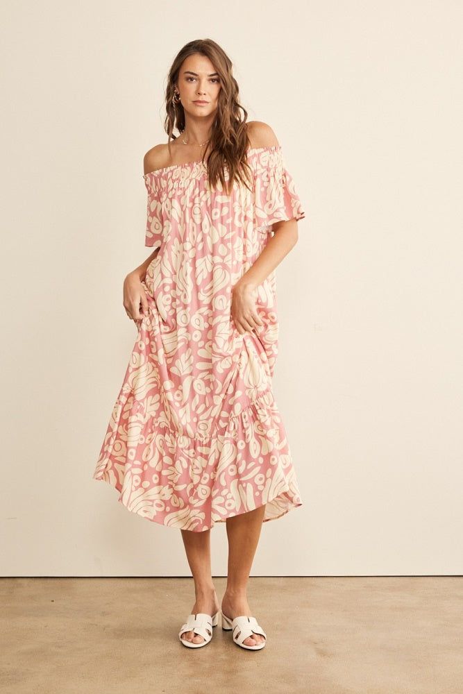 Rose Pink Off Shoulder Print Midi Dress sold by Pinkblush