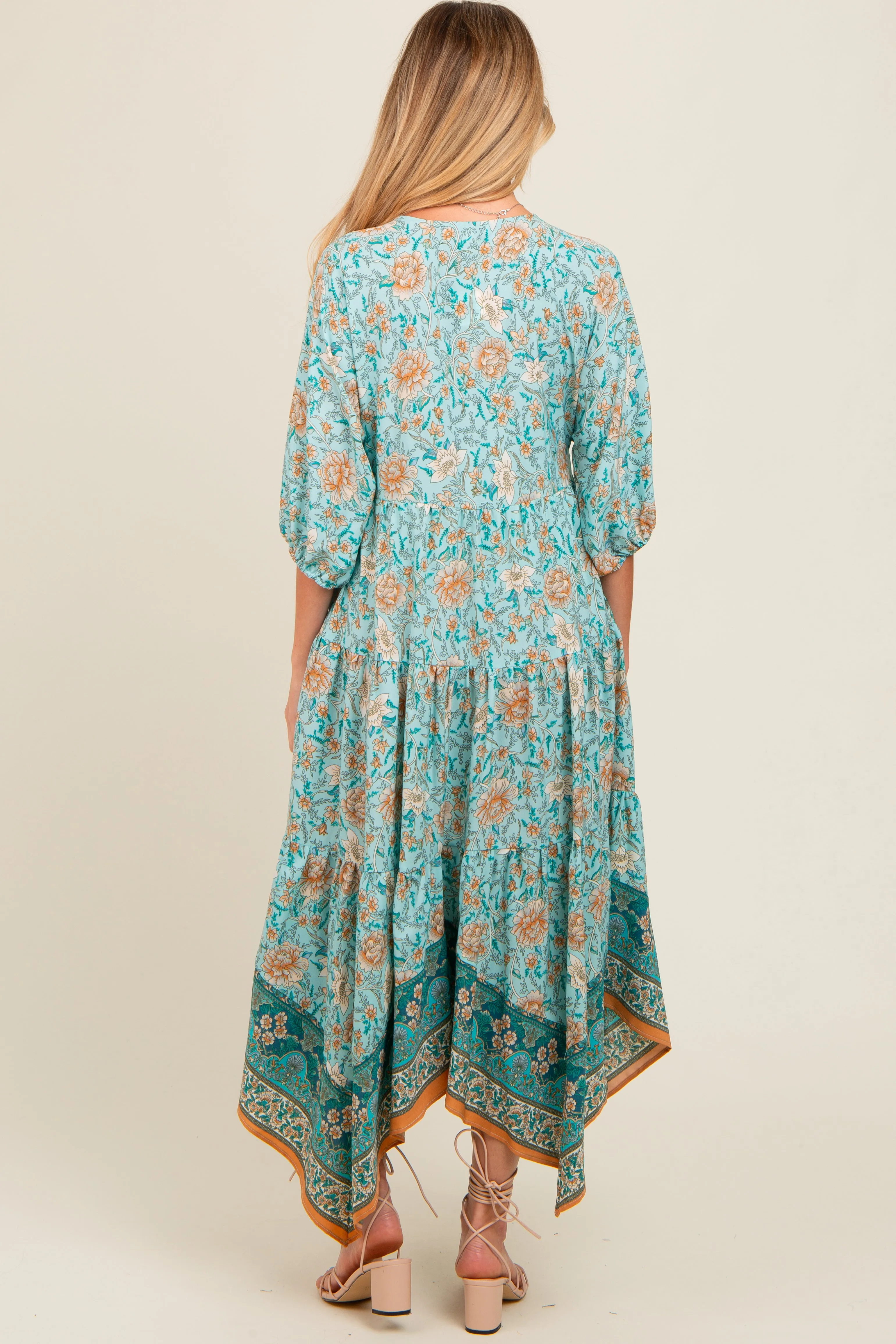 Aqua Floral Border Print V-Neck Tiered Maternity Midi Dress sold by Pinkblush product image thumbnail 4