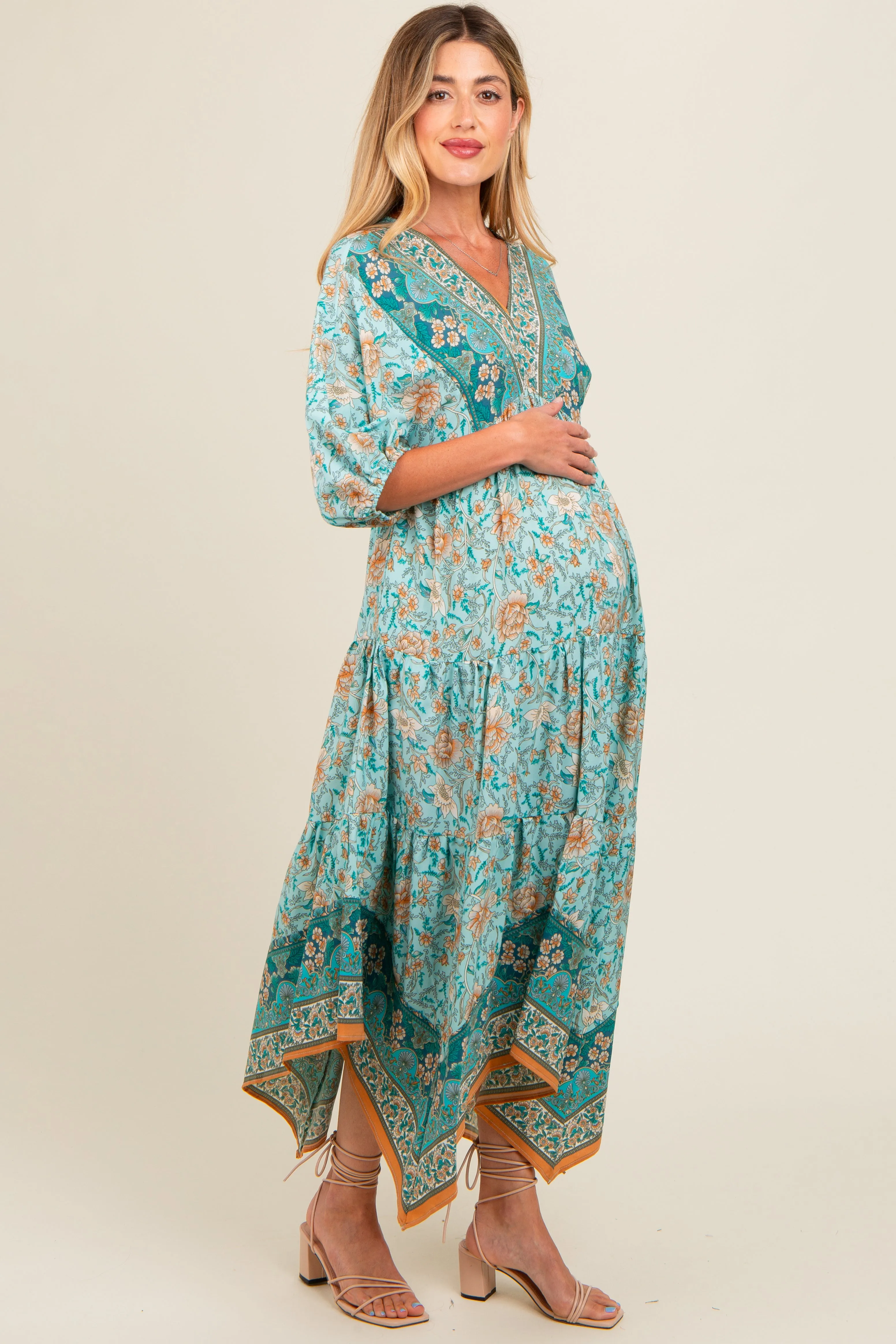 Aqua Floral Border Print V-Neck Tiered Maternity Midi Dress sold by Pinkblush