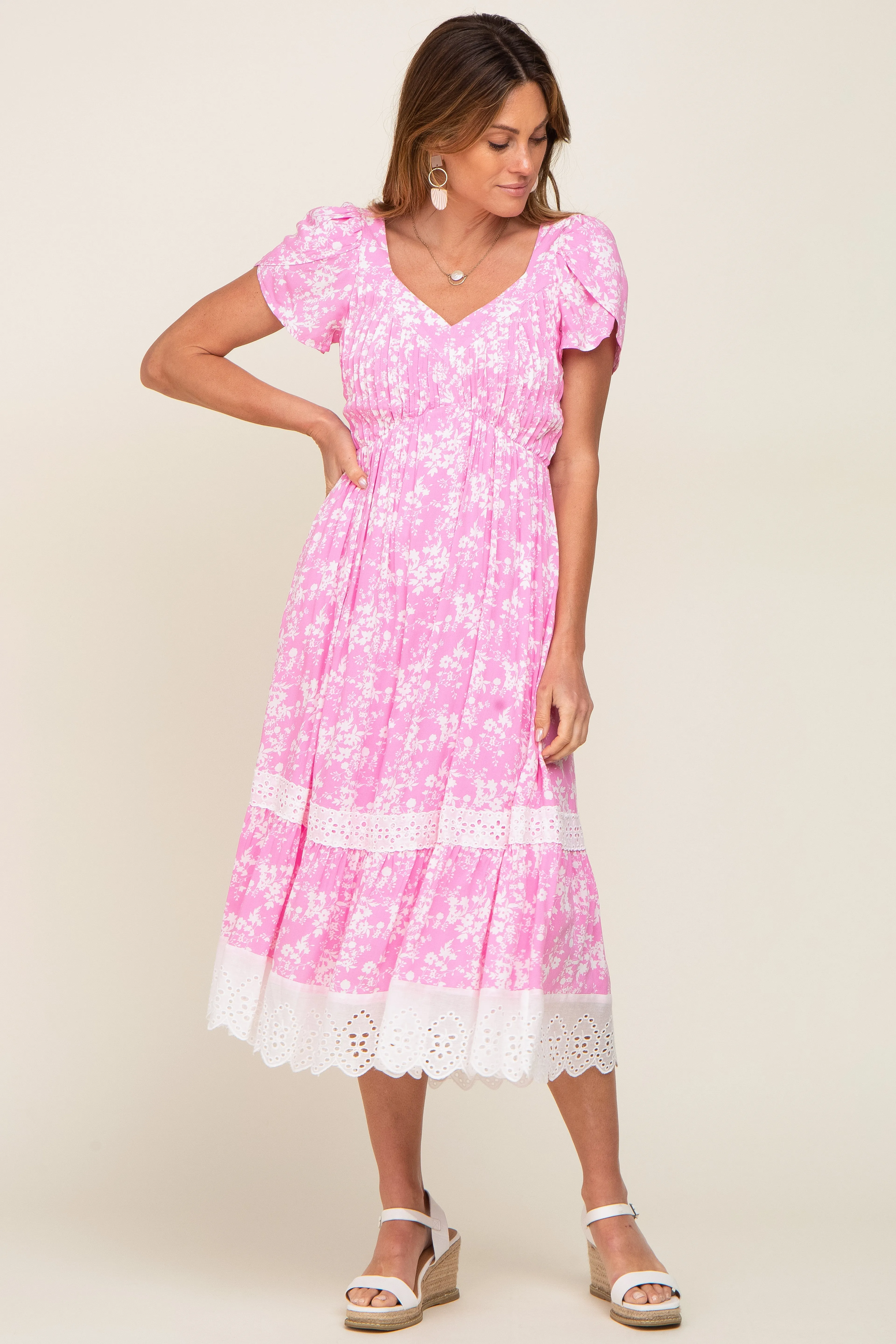 Pink Floral Pleated Eyelet Trim Midi Dress sold by Pinkblush product image thumbnail 4