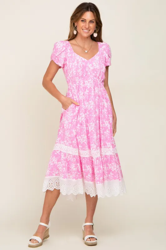 Pink Floral Pleated Eyelet Trim Midi Dress sold by Pinkblush