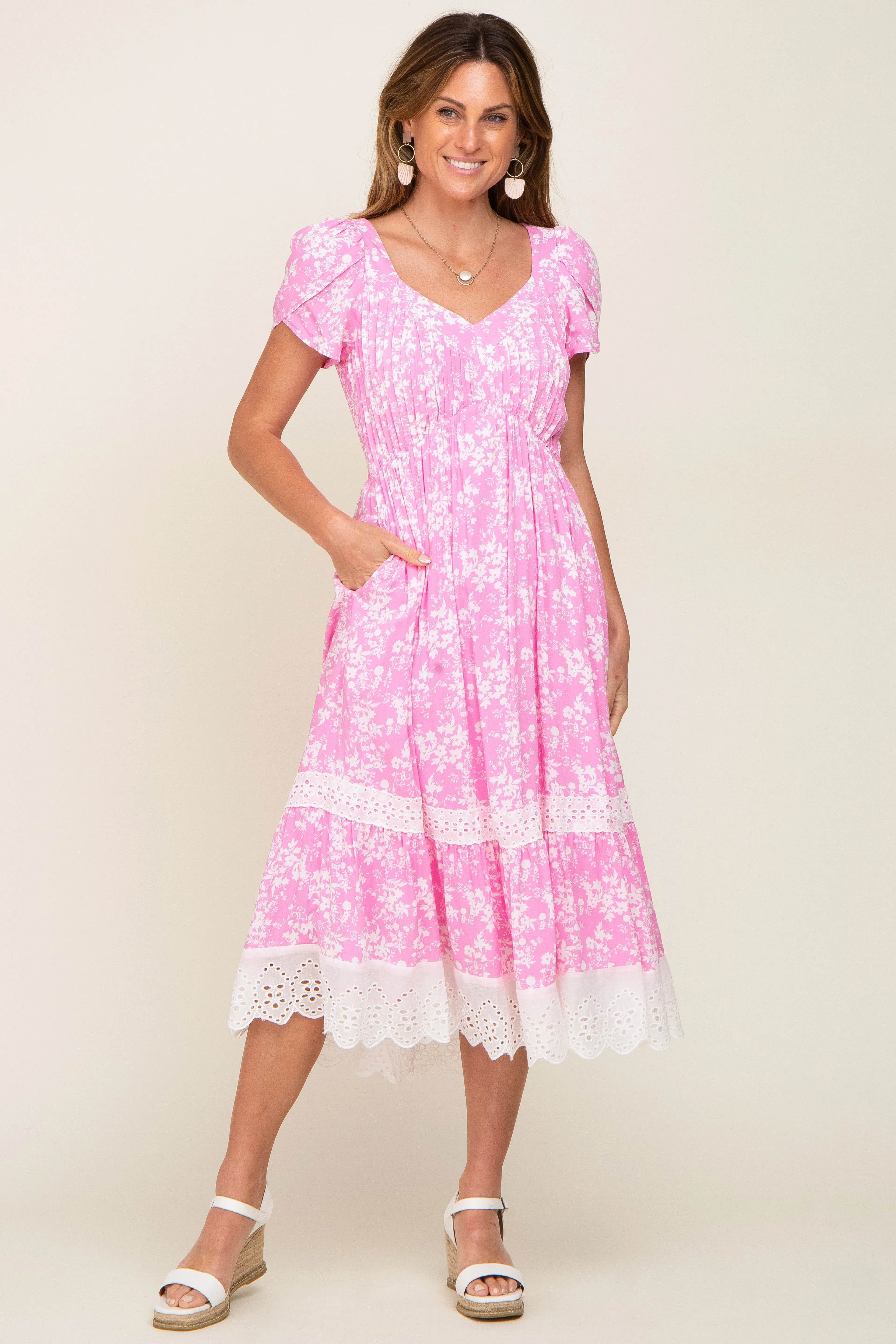 Pink Floral Pleated Eyelet Trim Midi Dress sold by Pinkblush