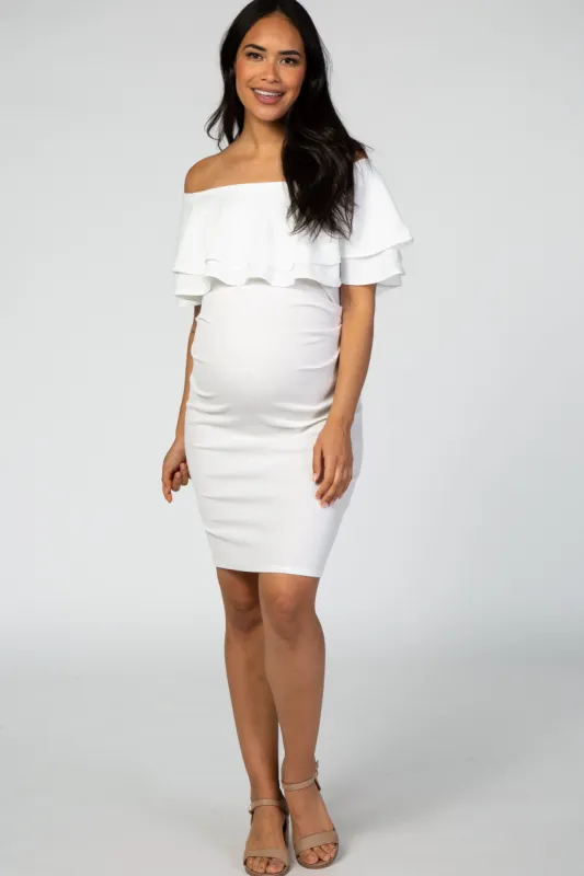 White Off Shoulder Ruched Maternity Dress sold by Pinkblush