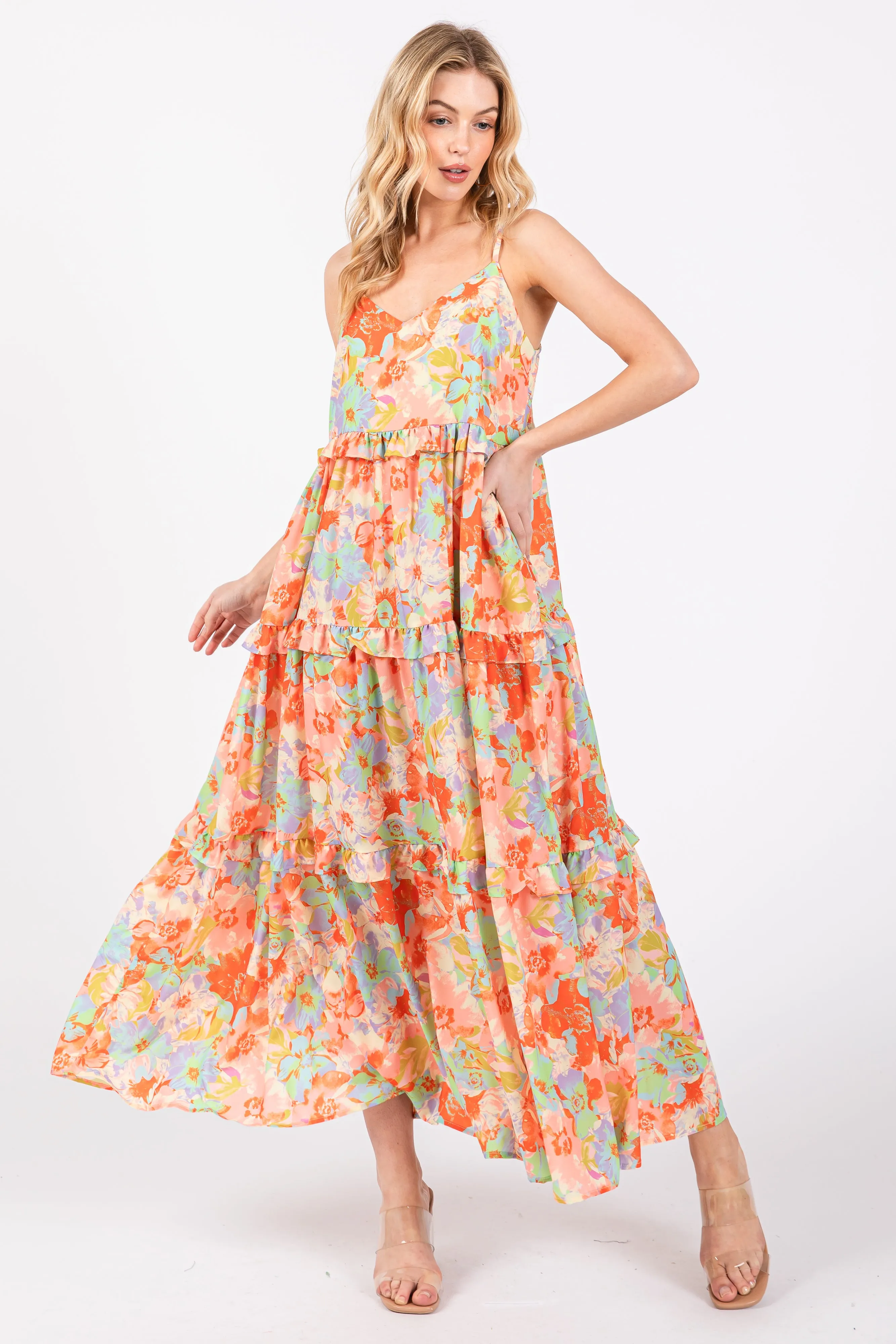 Multi-Color Floral Ruffle Tiered Sleeveless Midi Dress sold by Pinkblush