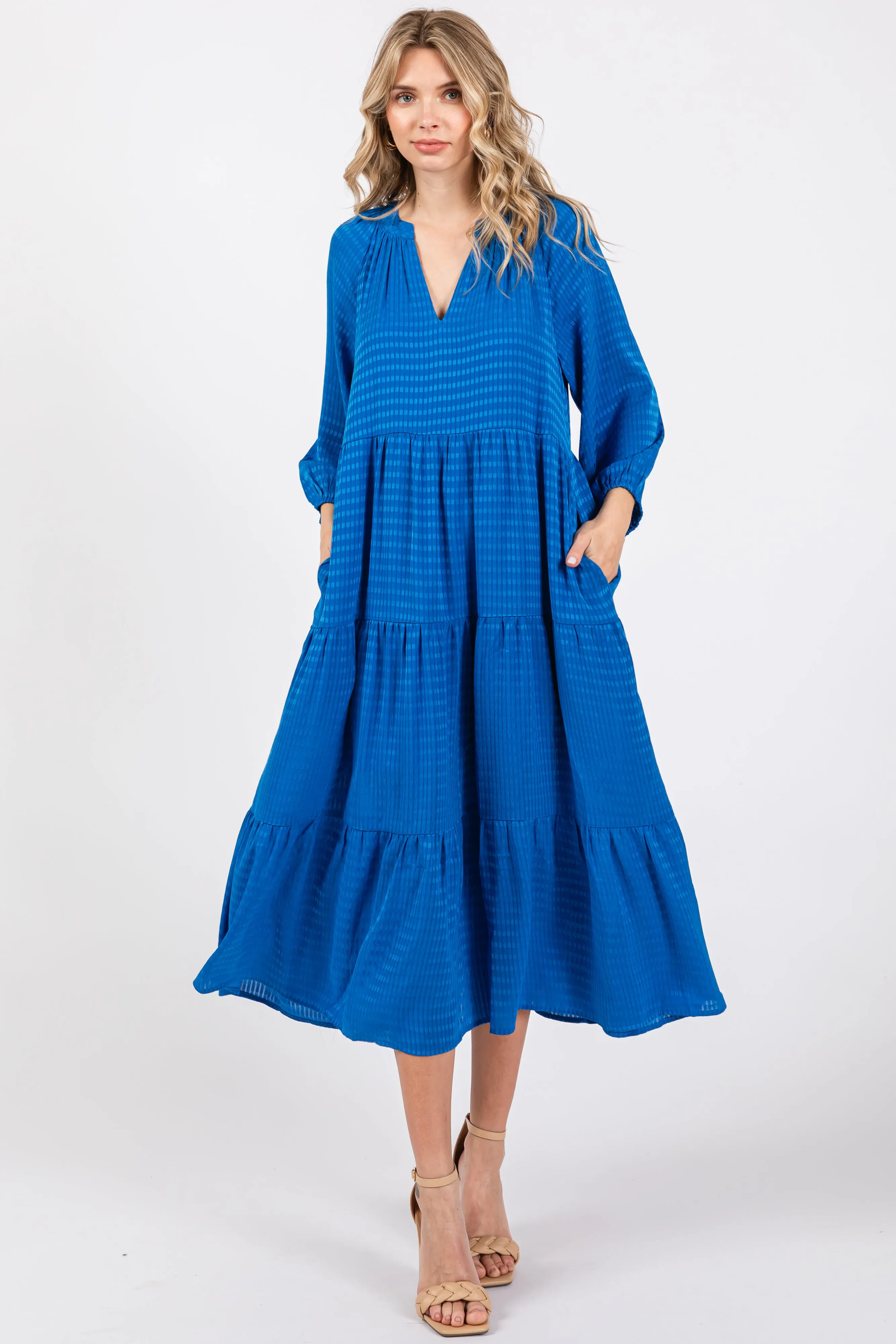 Royal Textured Tiered Midi Dress sold by Pinkblush