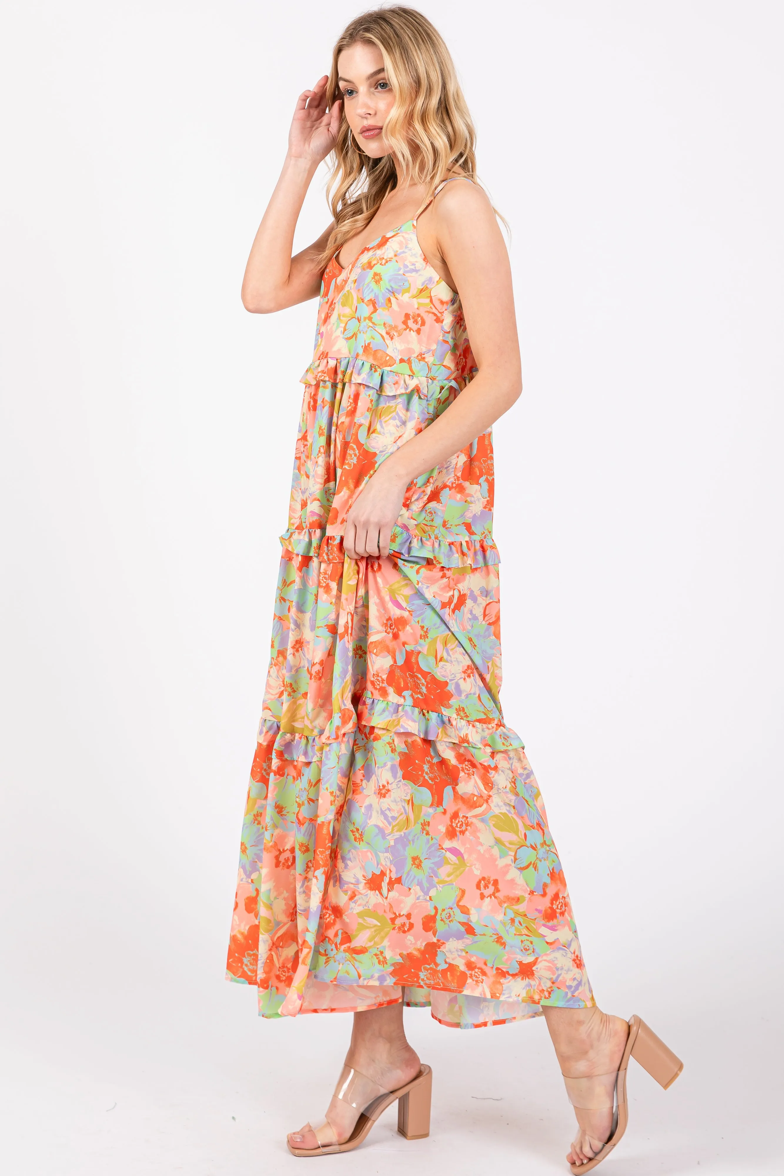 Multi-Color Floral Ruffle Tiered Sleeveless Midi Dress sold by Pinkblush product image thumbnail 2