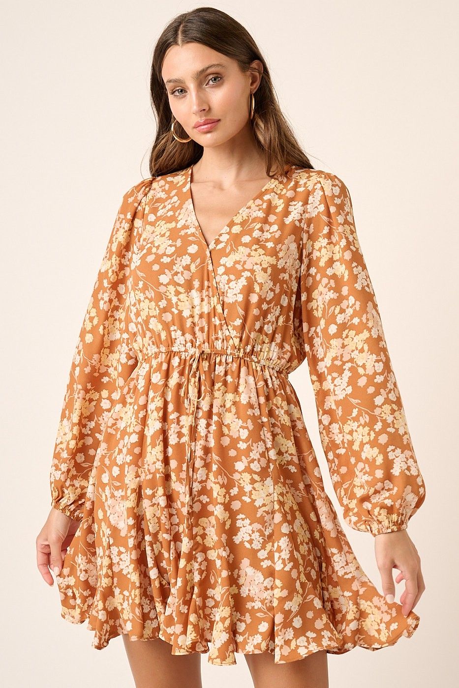 Ginger Flower Print Surplice Godet Detail Mini Dress sold by Pinkblush