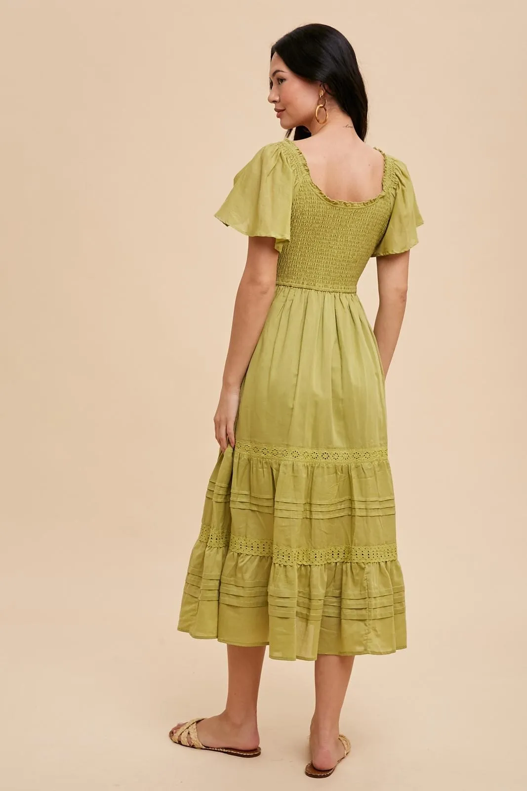 Green Smocked Short Sleeve Midi Dress sold by Pinkblush product image thumbnail 4
