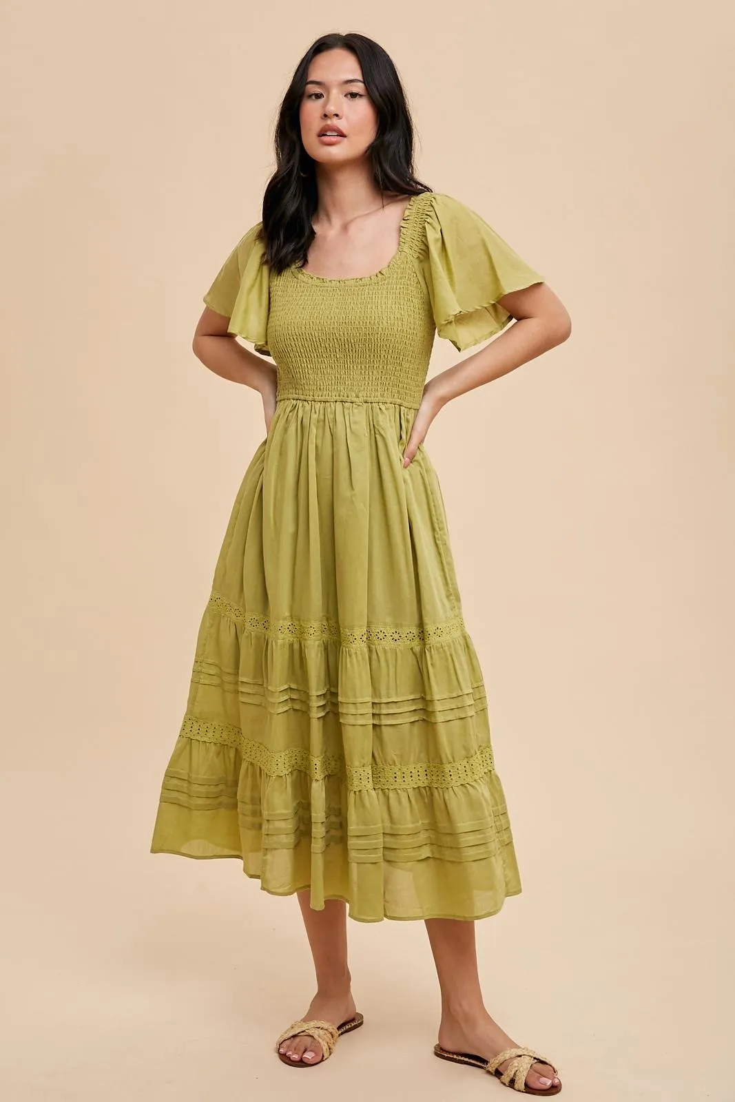Green Smocked Short Sleeve Midi Dress sold by Pinkblush