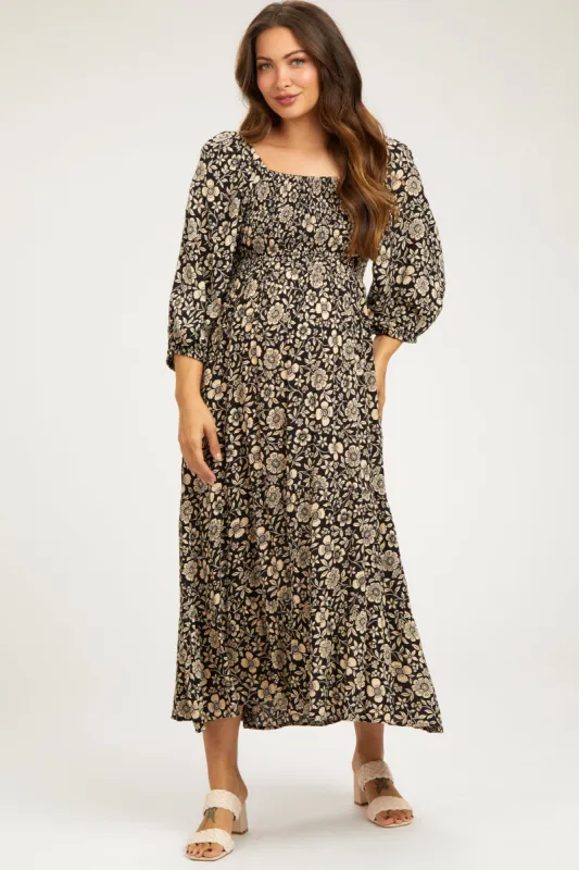 Black Floral Smocked Half Sleeve Maternity Midi Dress sold by Pinkblush