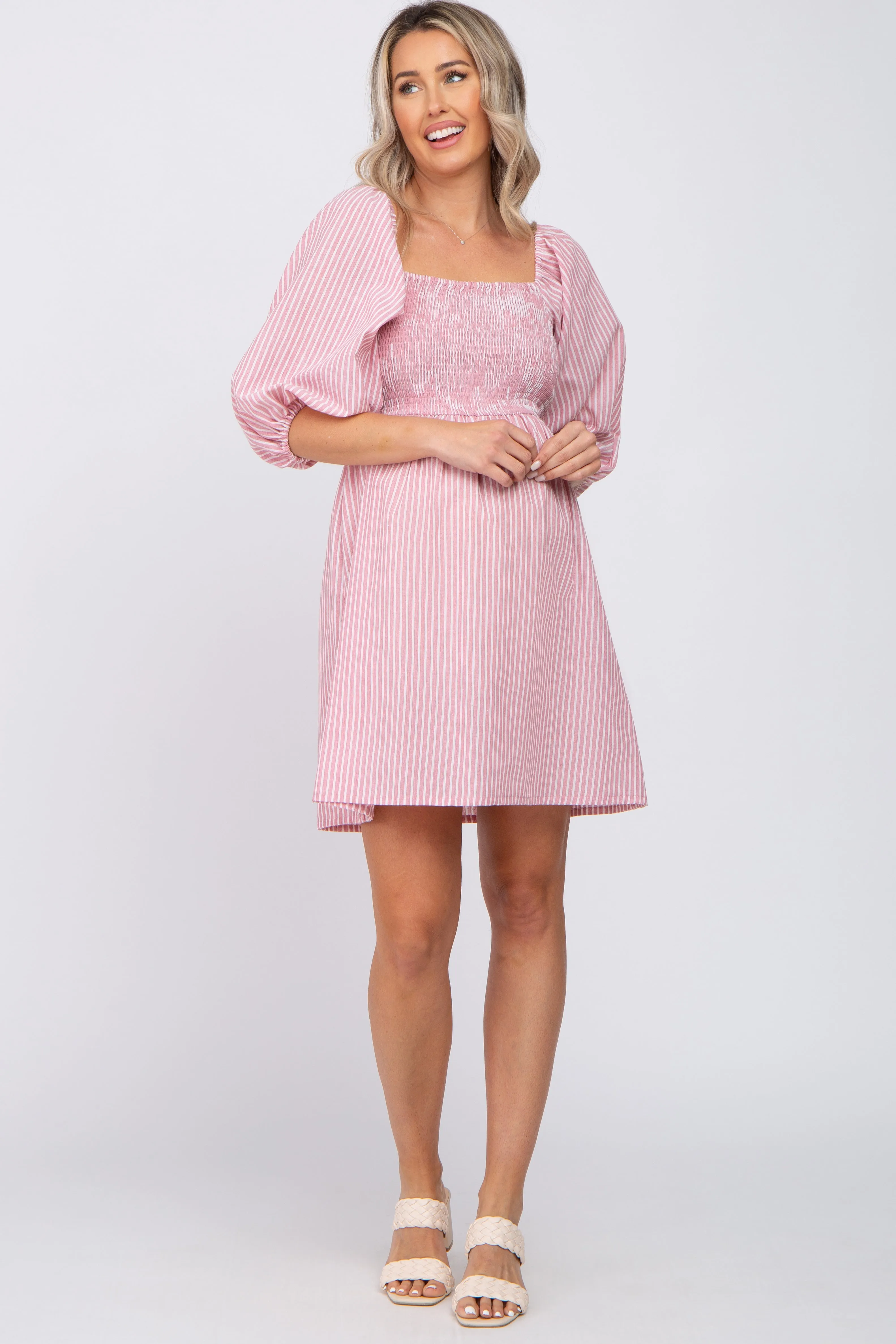 Mauve Striped Smocked Puff Sleeve Maternity Dress sold by Pinkblush product image thumbnail 4
