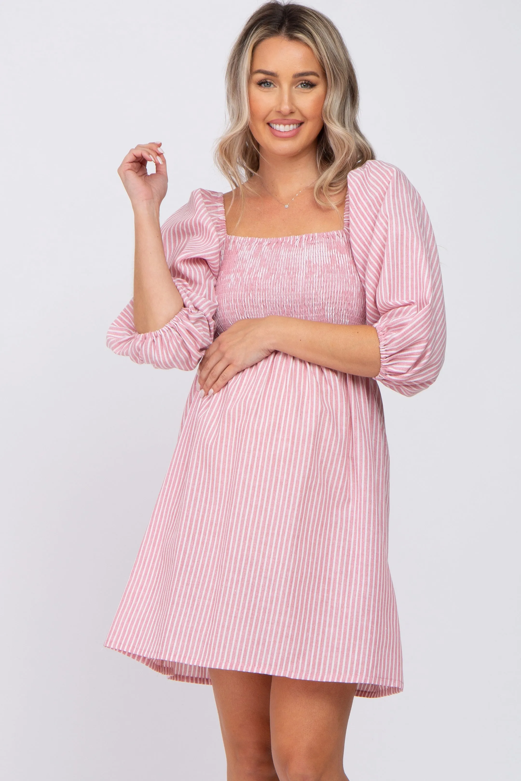 Mauve Striped Smocked Puff Sleeve Maternity Dress sold by Pinkblush