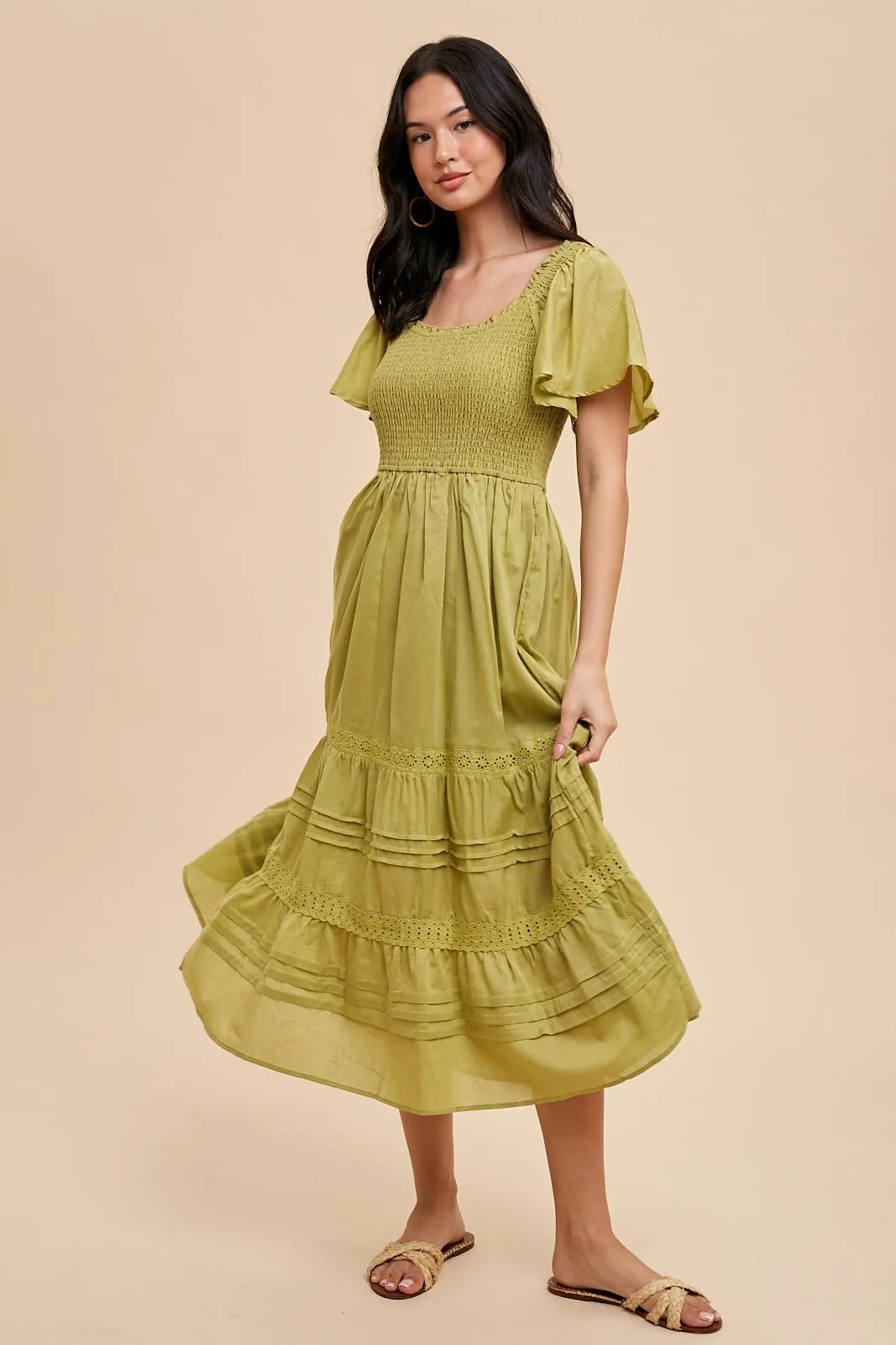 Green Smocked Short Sleeve Midi Dress sold by Pinkblush product image thumbnail 2