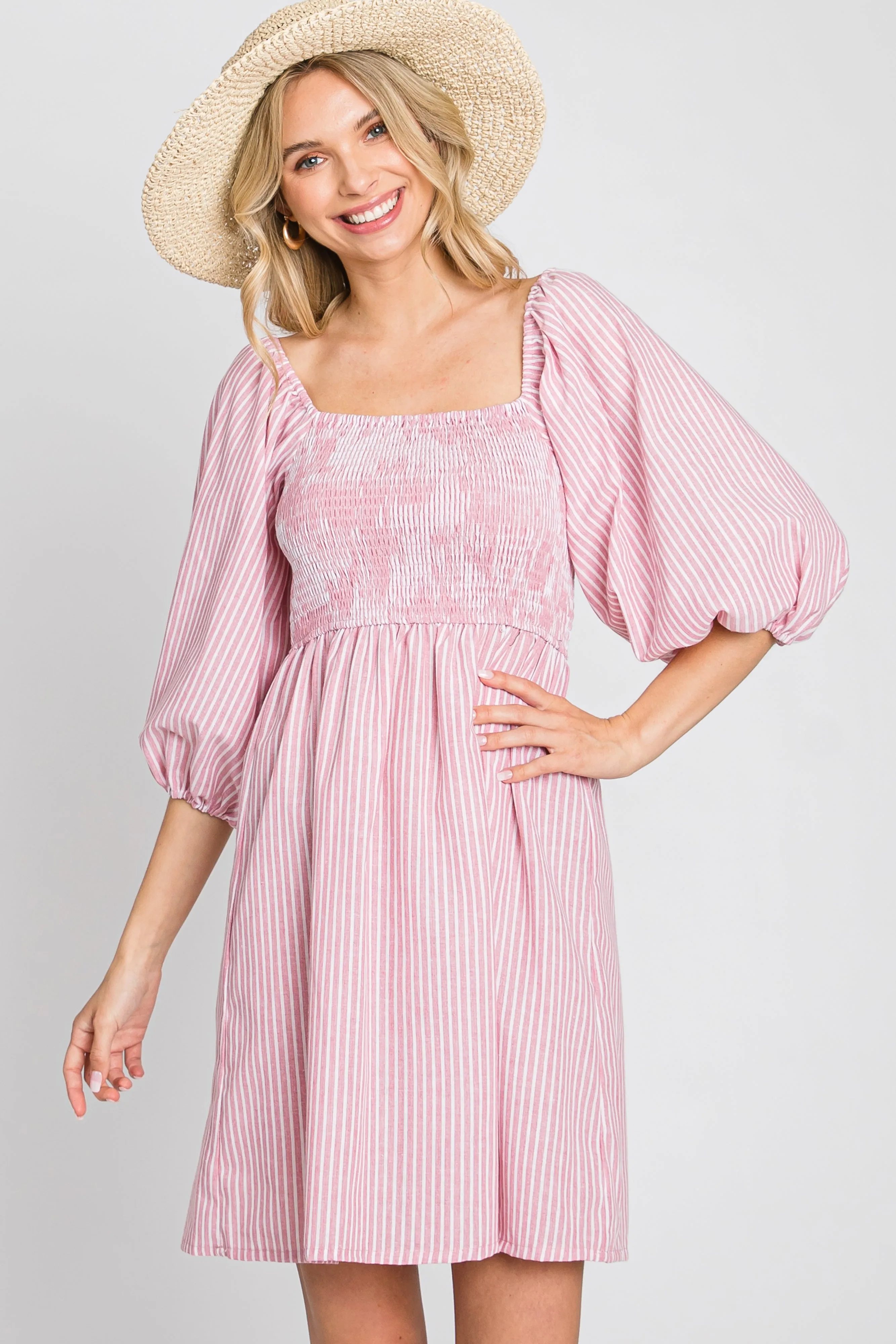 Mauve Striped Smocked Puff Sleeve Maternity Dress sold by Pinkblush product image thumbnail 5
