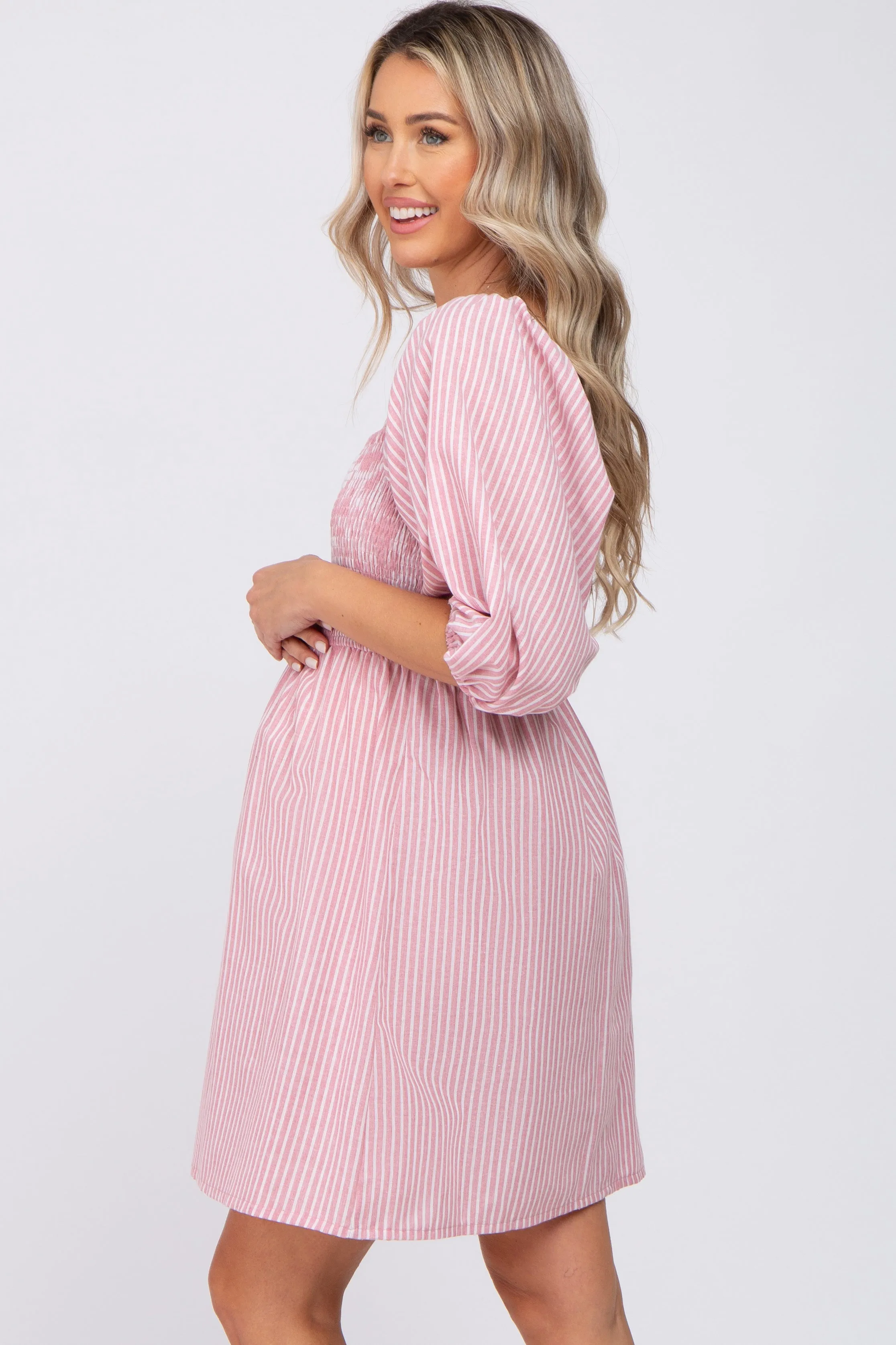 Mauve Striped Smocked Puff Sleeve Maternity Dress sold by Pinkblush product image thumbnail 2