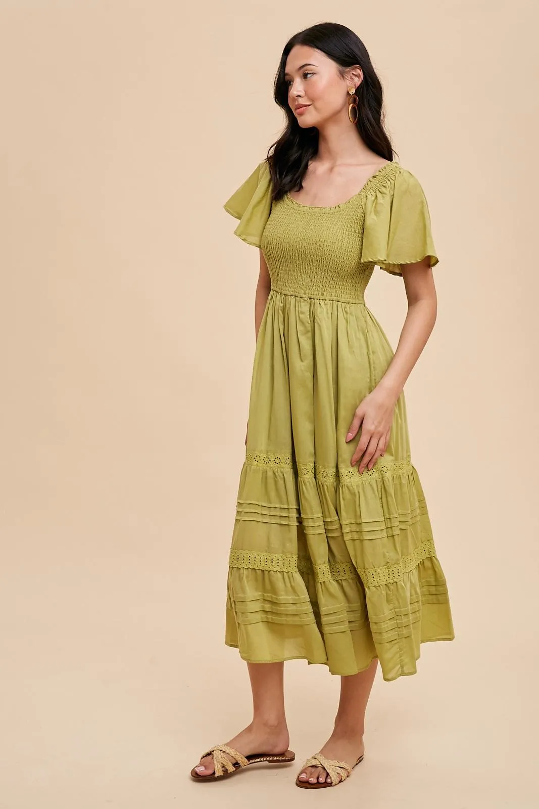 Green Smocked Short Sleeve Midi Dress sold by Pinkblush product image thumbnail 3