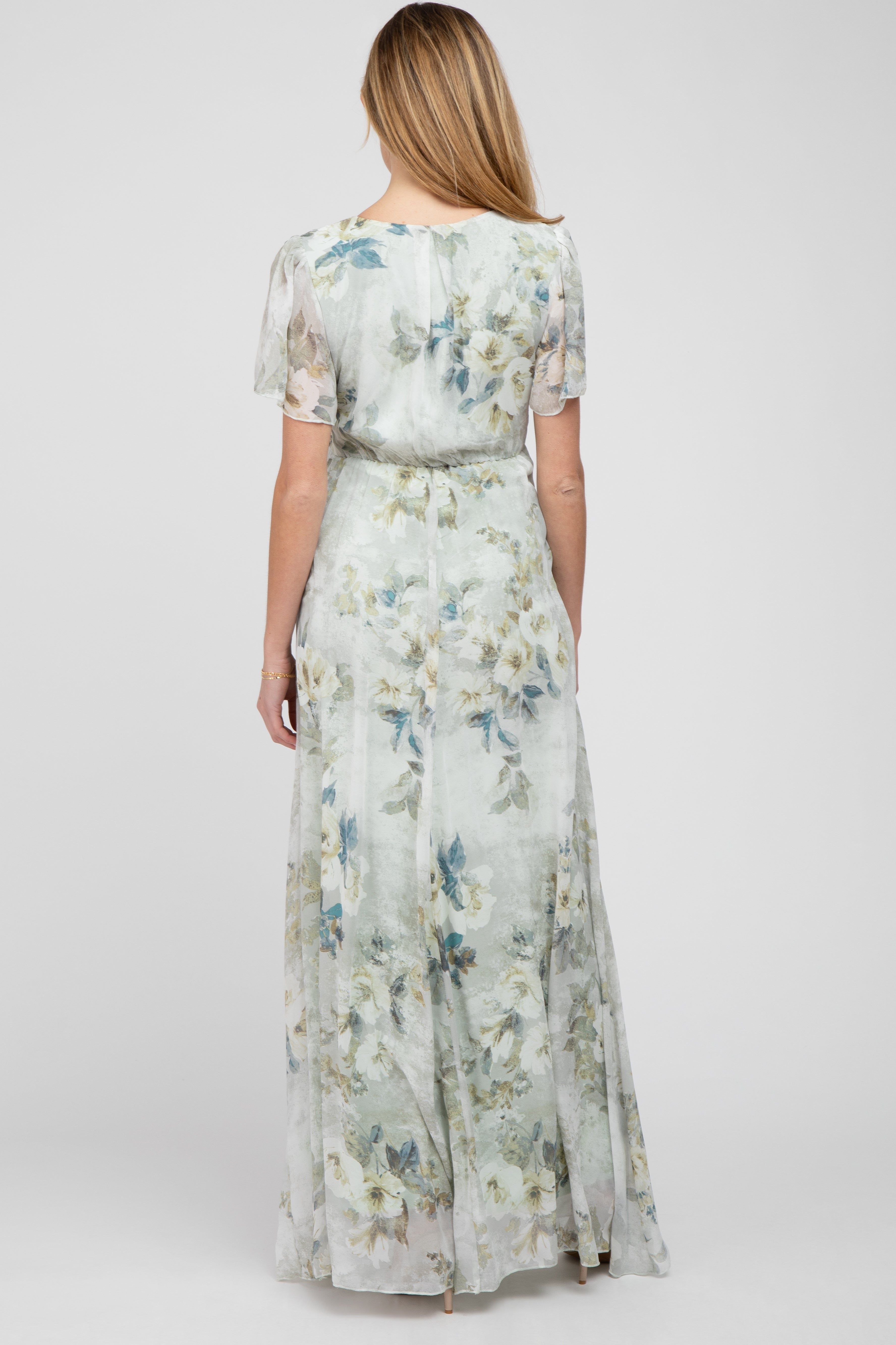 Light Olive Floral Chiffon Wrap Front Short Sleeve Maternity Maxi Dress sold by Pinkblush product image thumbnail 3
