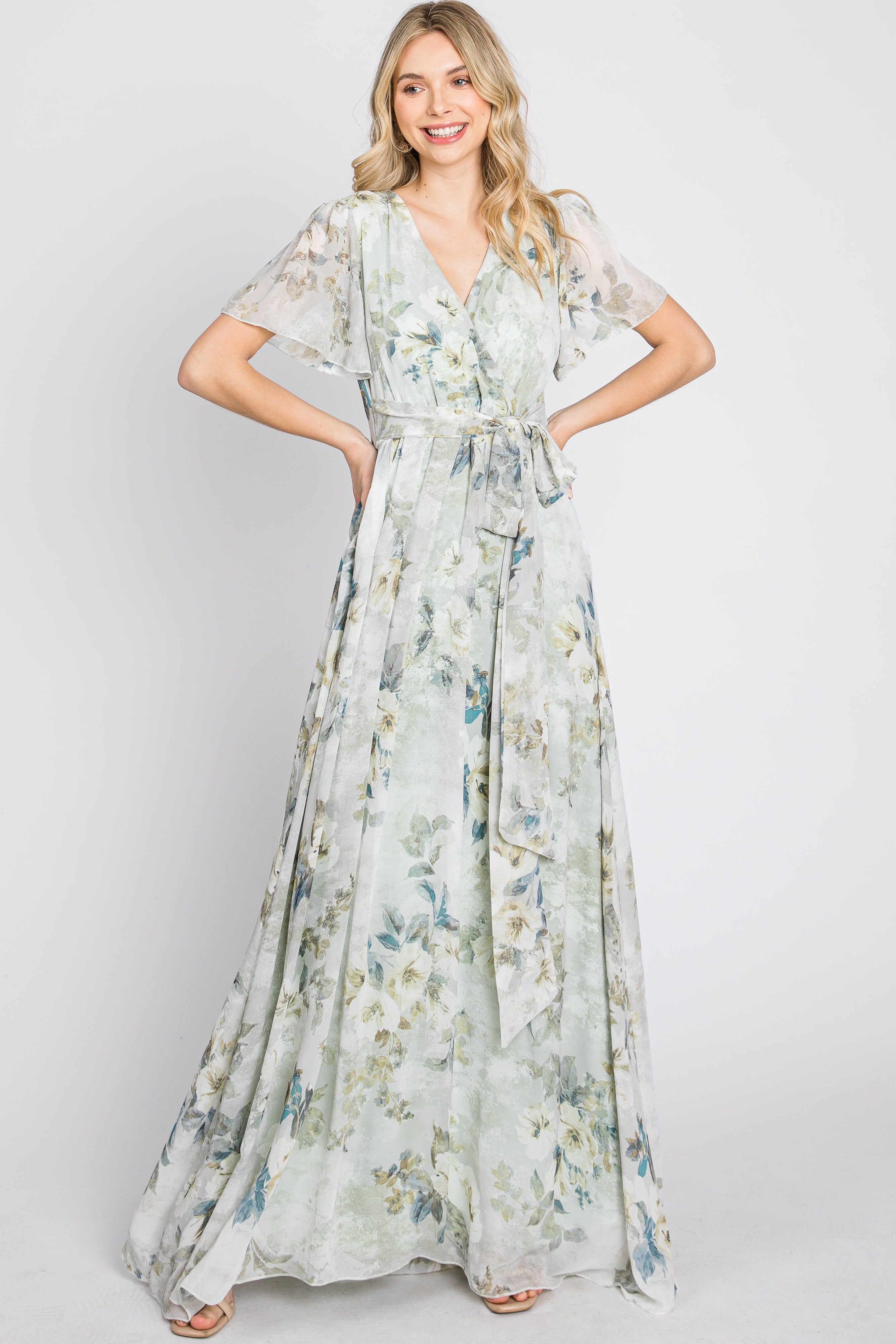 Light Olive Floral Chiffon Wrap Front Short Sleeve Maternity Maxi Dress sold by Pinkblush product image thumbnail 4